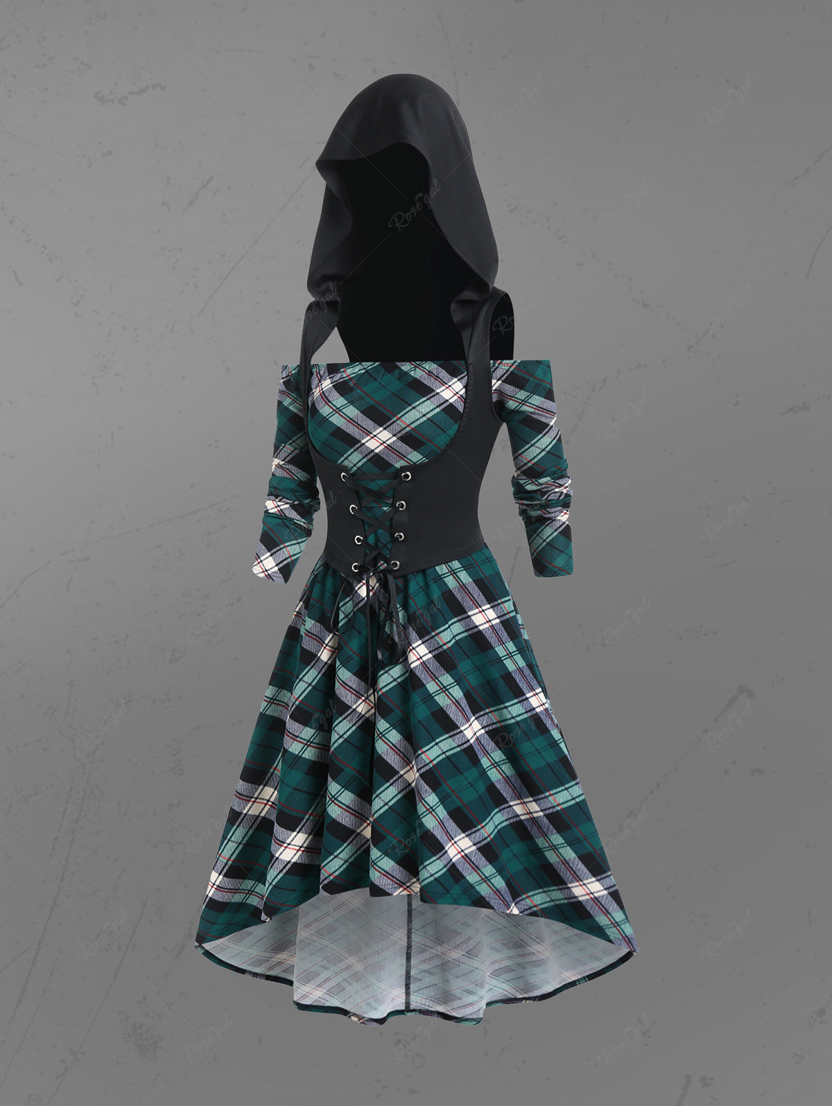 Gothic Off the Shoulder Plaid Print High Low Midi Dress And Lace Up Hooded Top Set