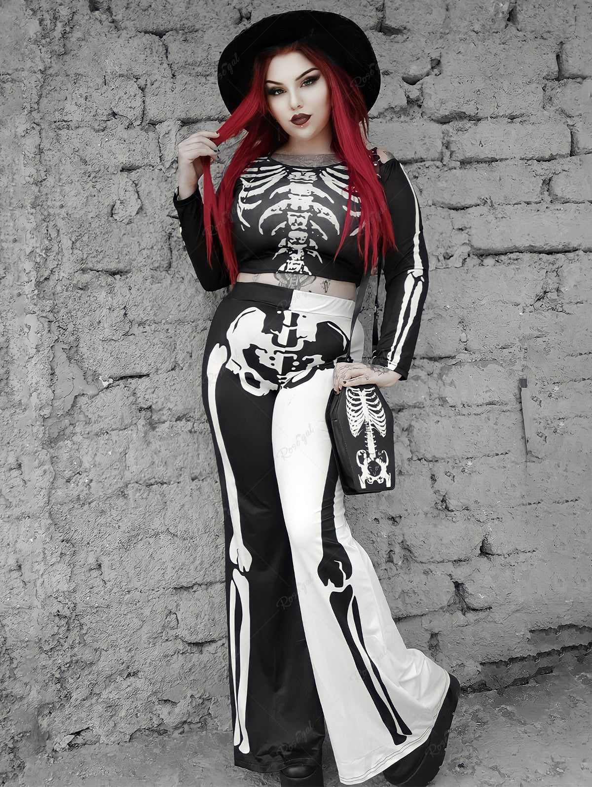 💗Marika Loves💗 Gothic Skeleton Print Two Tone Halloween Flare Pants –  Rgothic