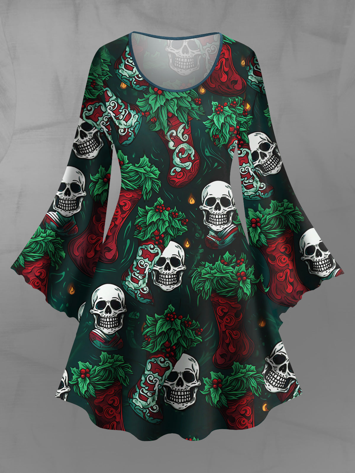 Gothic Plus Size Flare Sleeves Christmas Fruit Stocking Skulls Leaf Print A Line Dress