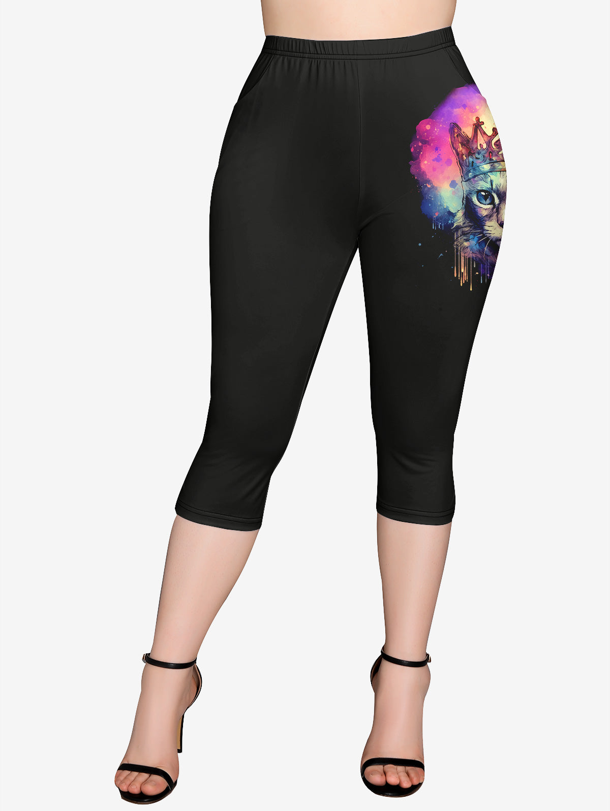 Gothic Plus Size Crown Cat Paint Splatter Print Pockets Capri Leggings