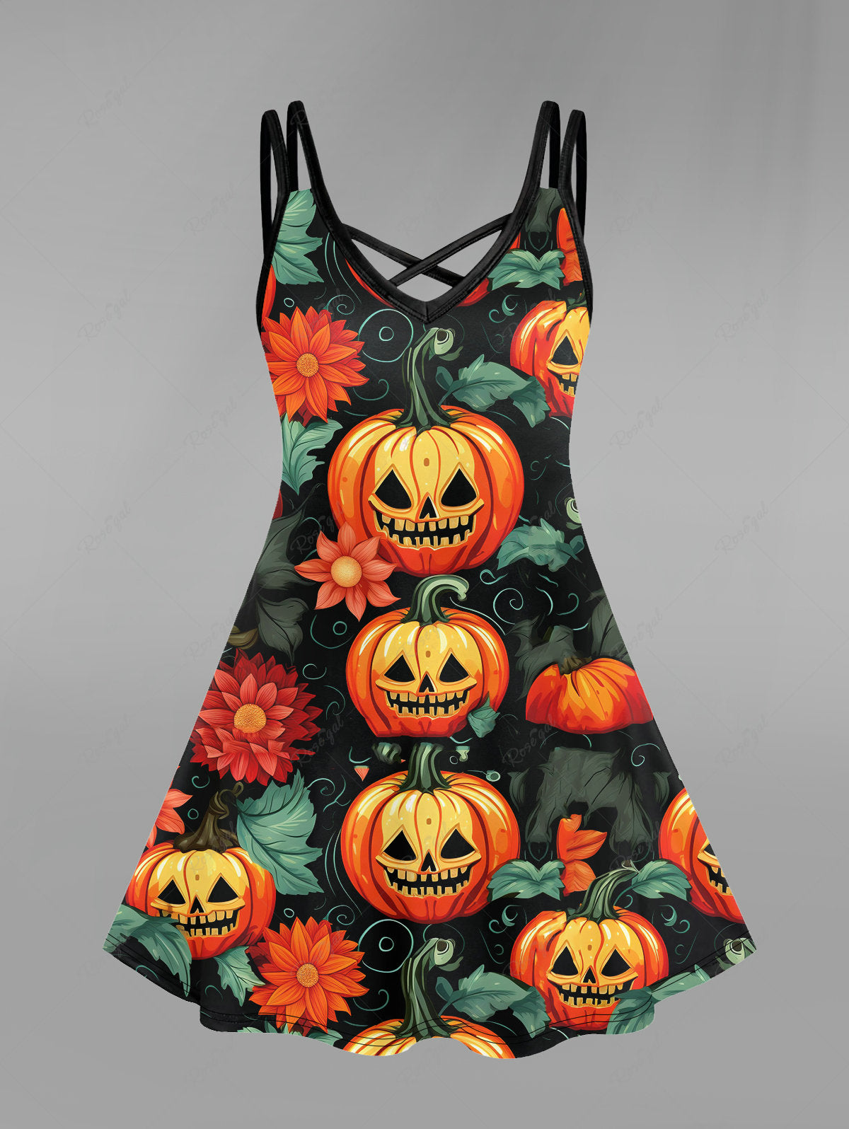 Halloween Costume Gothic Pumpkin Leaf Print Crisscross Halloween Cami Dress