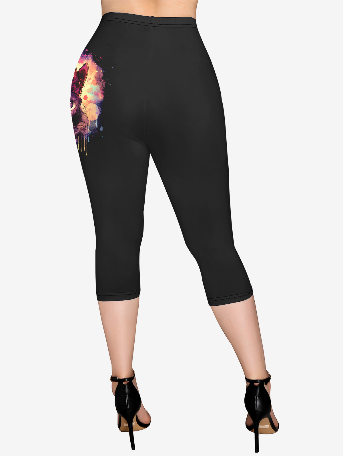 Gothic Plus Size Crown Cat Paint Splatter Print Pockets Capri Leggings