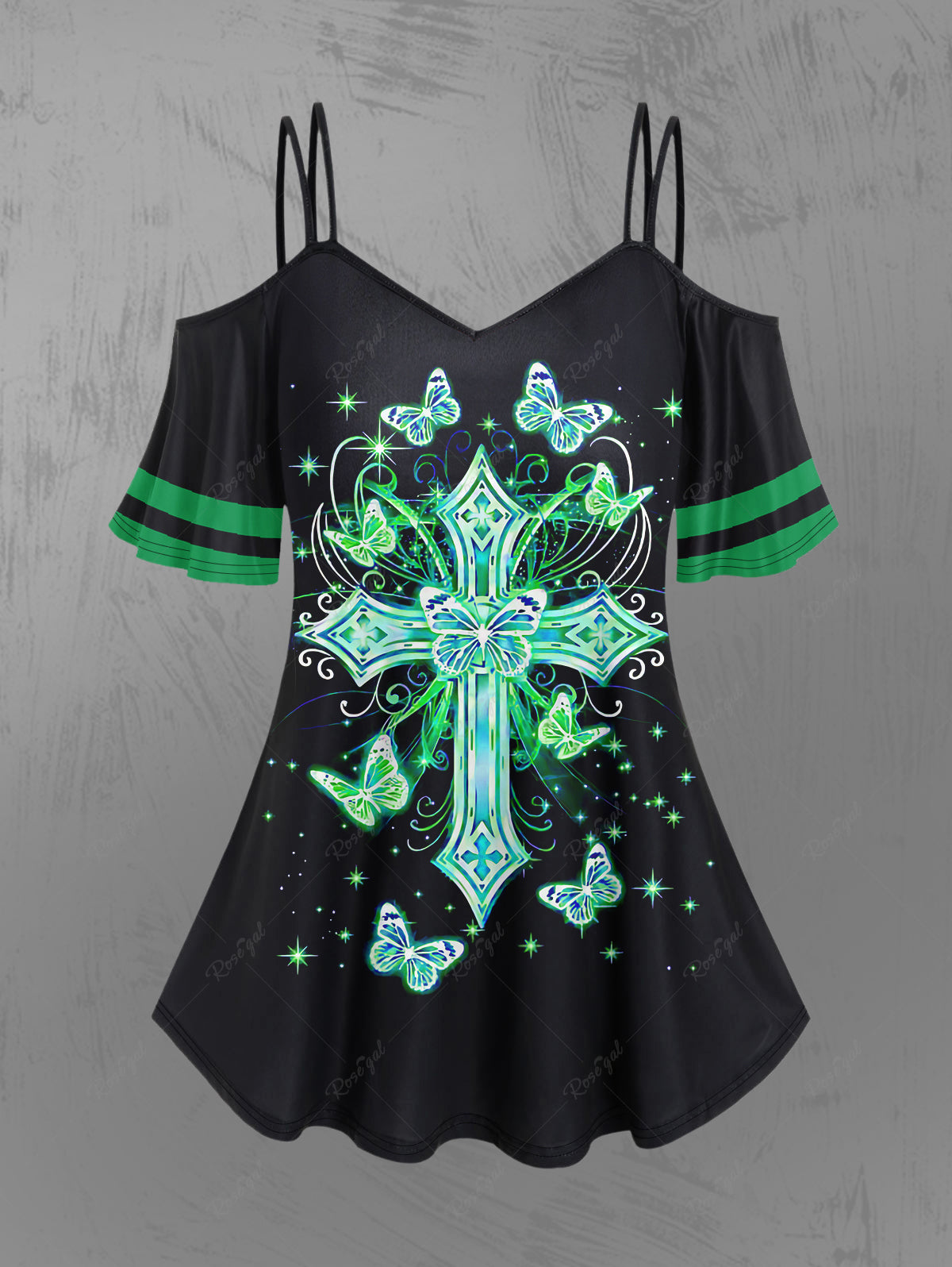 Gothic Plus Size St Patrick's Day Butterfly Cross Print Cold Shoulder Top