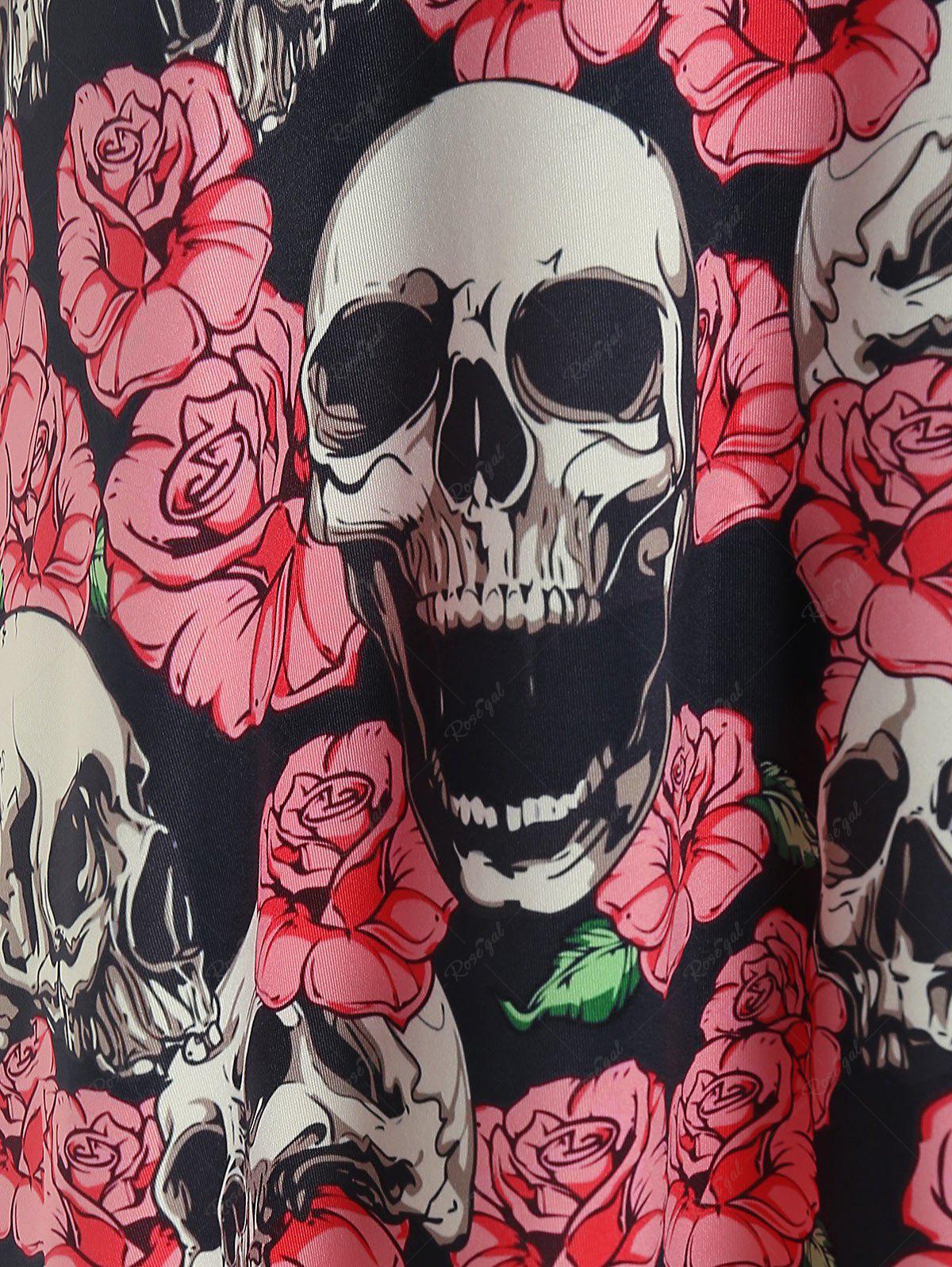 Gothic Skulls Rose Printed Cold Shoulder T Shirt