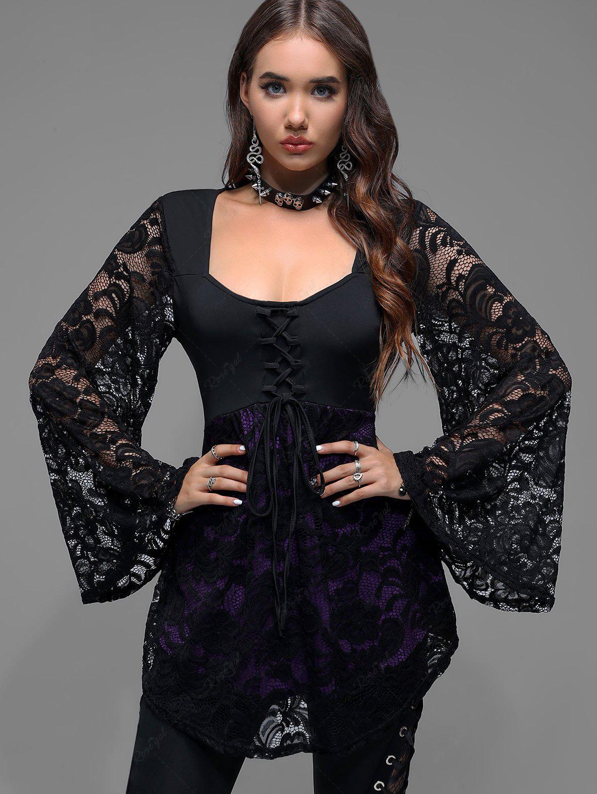 Victorian Gothic Plus Size Lace Flare Sleeves Lace-up Two Tone Halloween Blouse Top