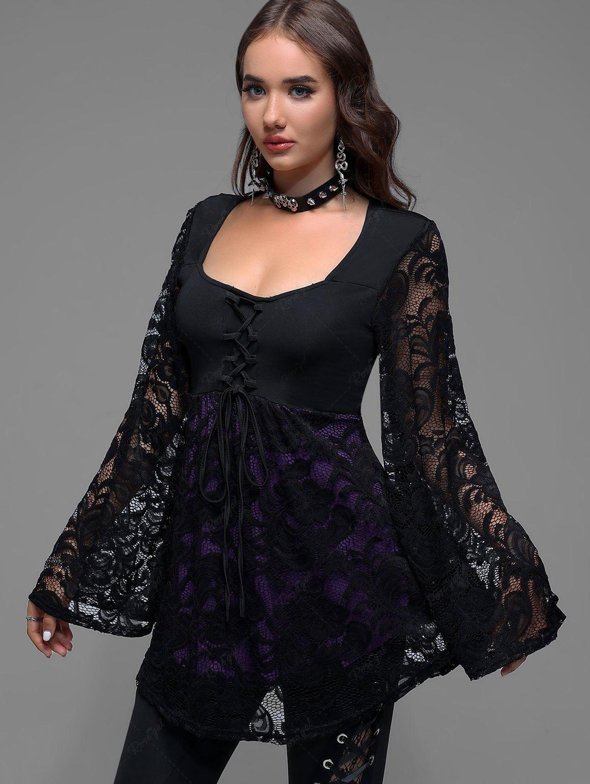 Victorian Gothic Plus Size Lace Flare Sleeves Lace-up Two Tone Halloween Blouse Top