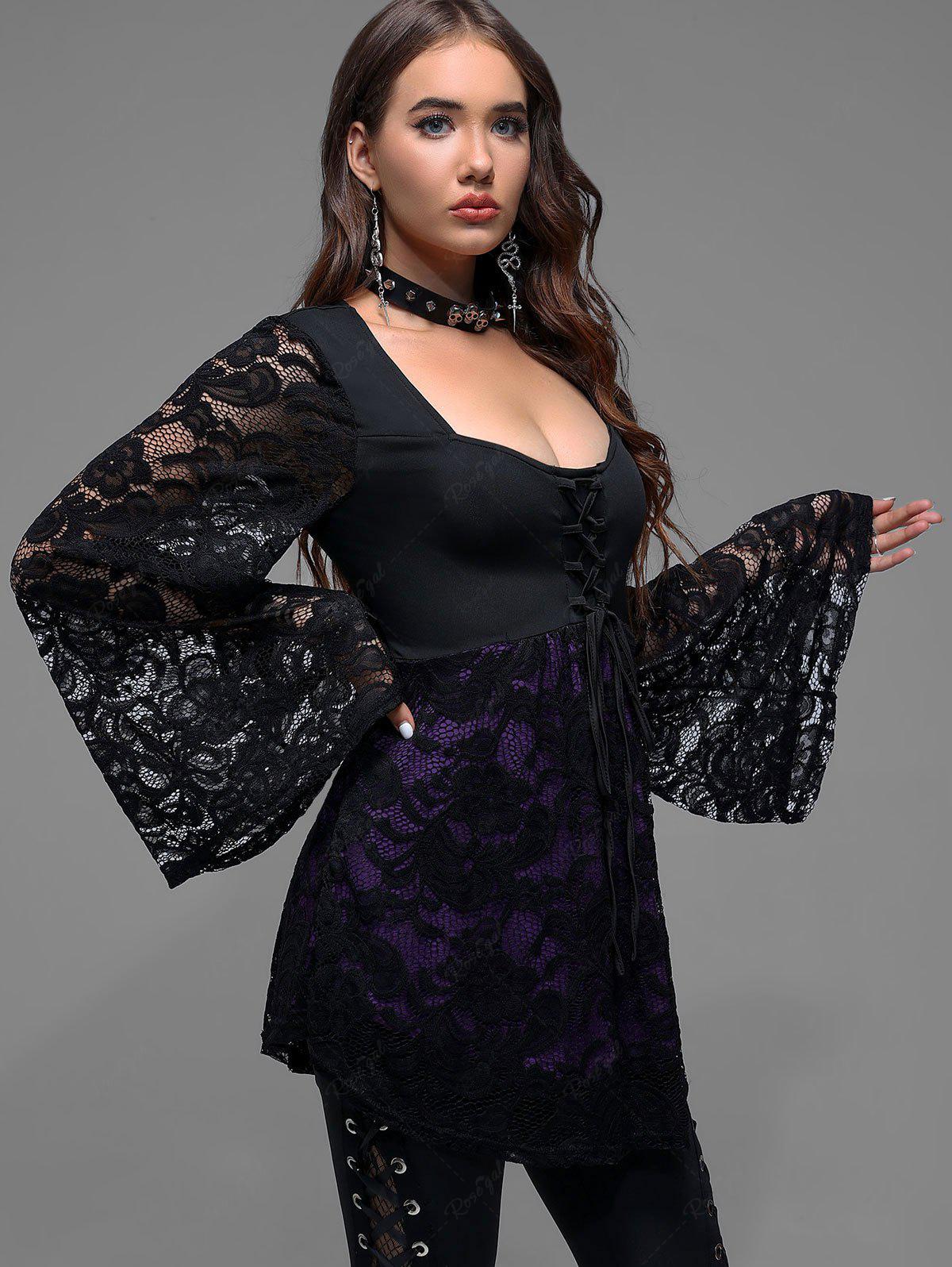 Victorian Gothic Plus Size Lace Flare Sleeves Lace-up Two Tone Halloween Blouse Top