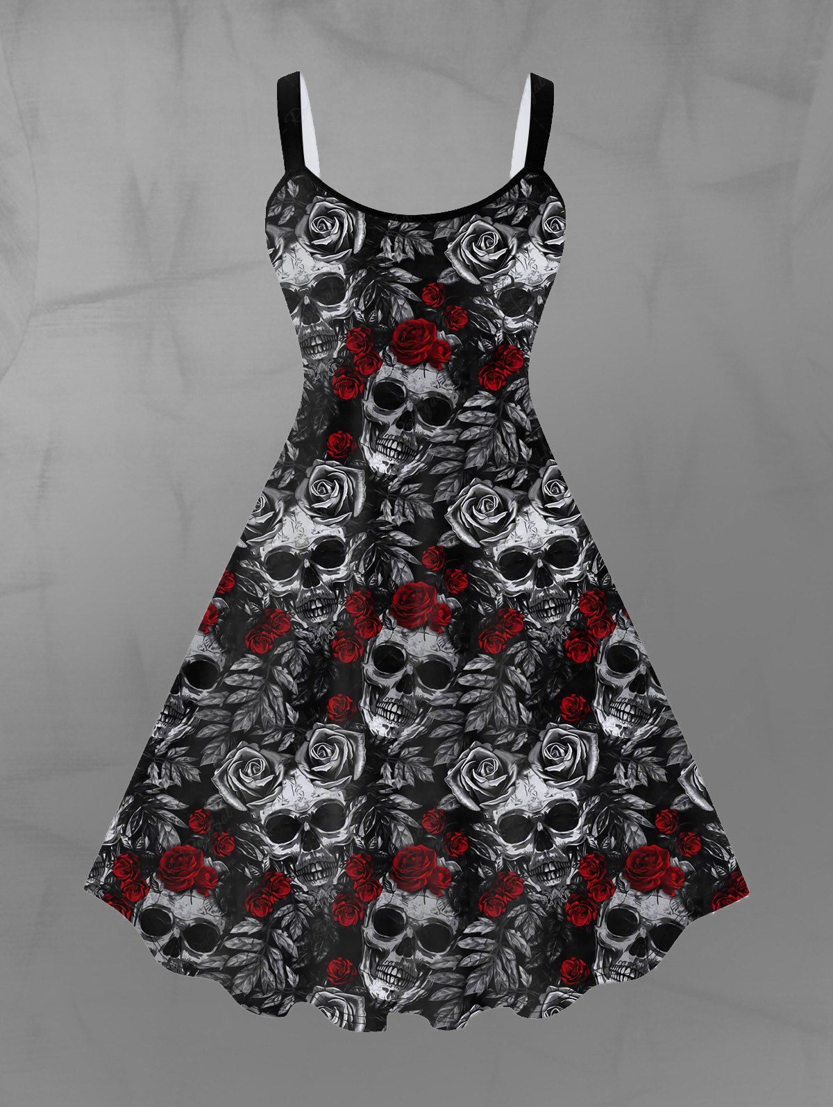 💗Lauren Loves💗Gothic Plus Size Skull Rose Print Sleeveless A Line Dress