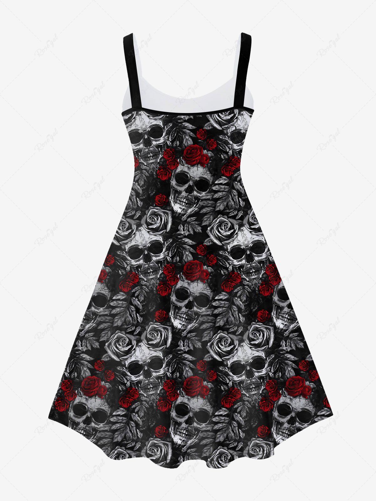 💗Lauren Loves💗Gothic Plus Size Skull Rose Print Sleeveless A Line Dress