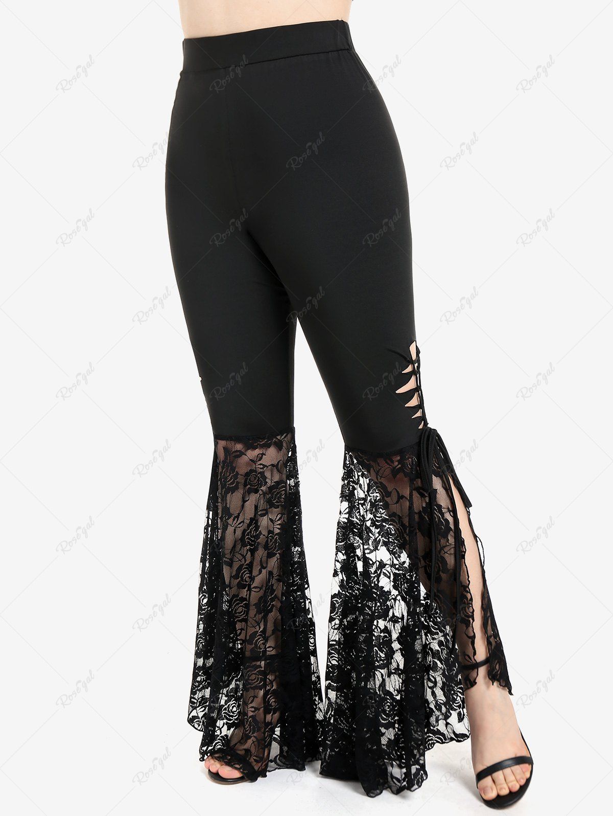 Gothic Lace-up Cutout Lace Panel Slit Pull On Flare Pants