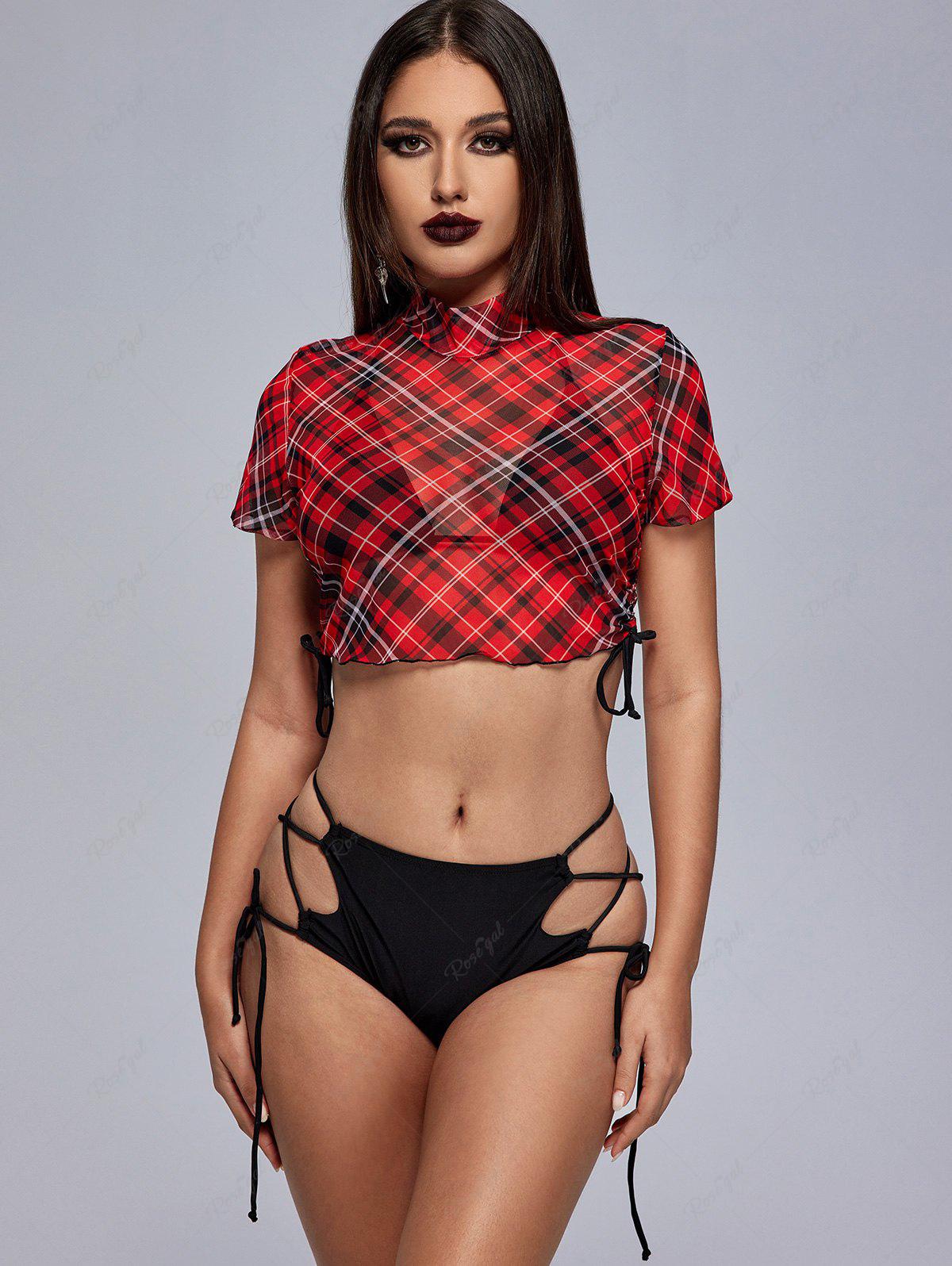 Gothic Halter Lace-up Bikini Swimwear with Plaid Mesh Cinched Cover Up Top