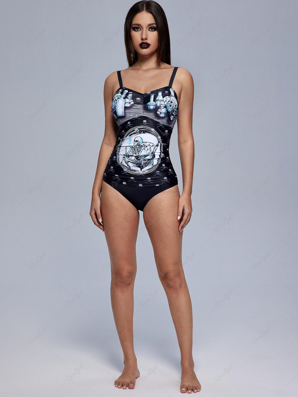 Gothic Skull Skeleton Bottle Print Ruched One-piece Swimsuit