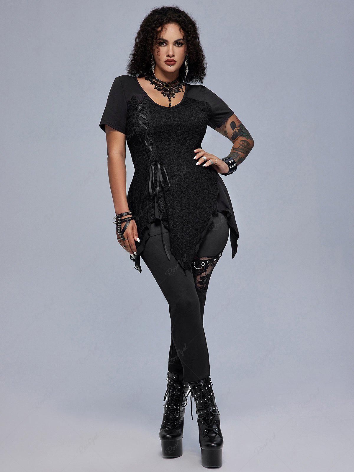 Gothic Plus Size Lace Panel Lace-up Asymmetrical Top