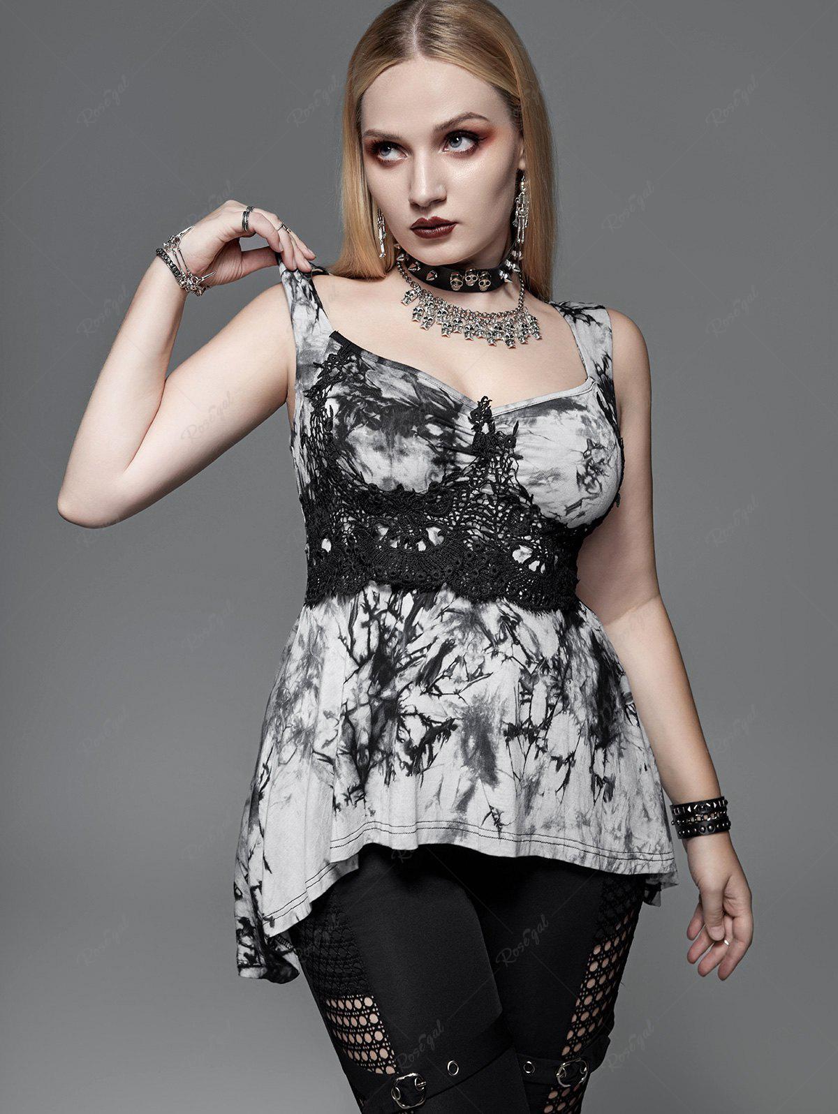 Gothic Plus Size Guipure Lace Applique Tie Dye High Low Tank Top