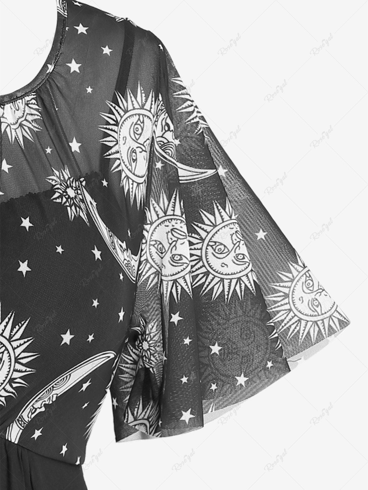 Gothic Plus Size Sun Moon Printed Mesh Panel Handkerchief 2 in 1 Tee with Chain