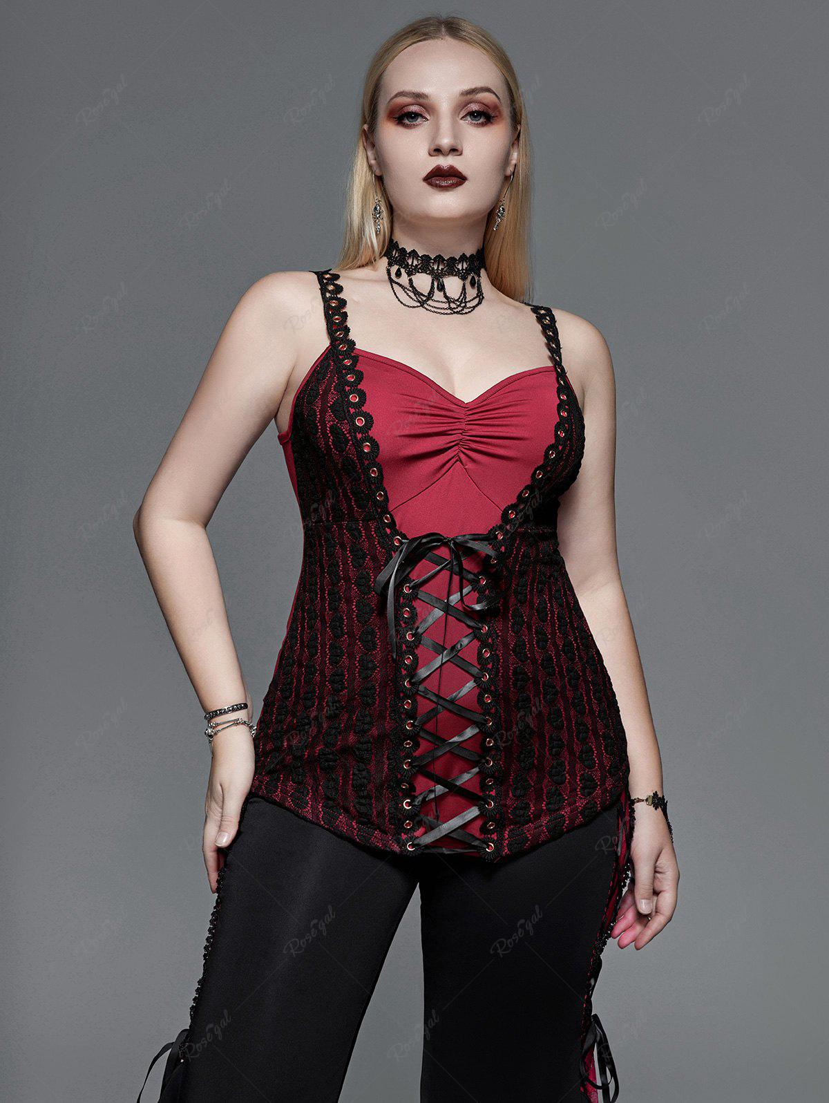 Victorian Gothic Plus Size Lace Ruched Lace-up Tank Top