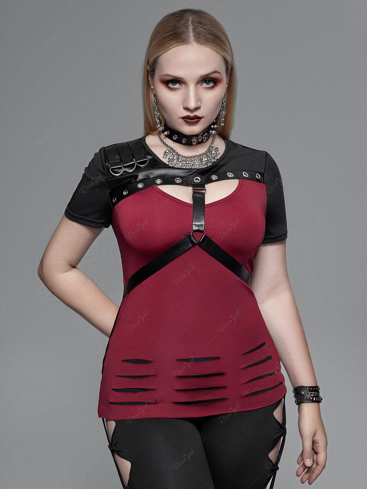 Gothic Plus Size Grommet PU Leather Strap Ripped Short Sleeve T-Shirt