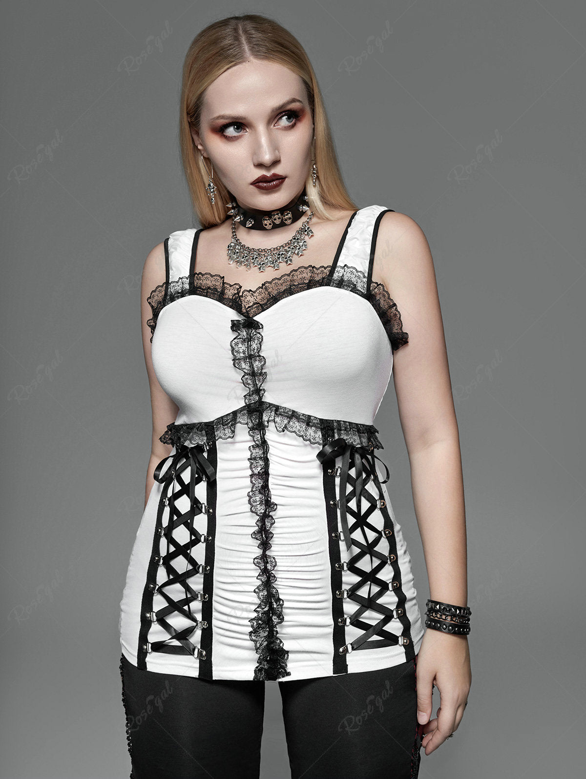 Gothic Lace Trim Ruched Lace-up Tank Top