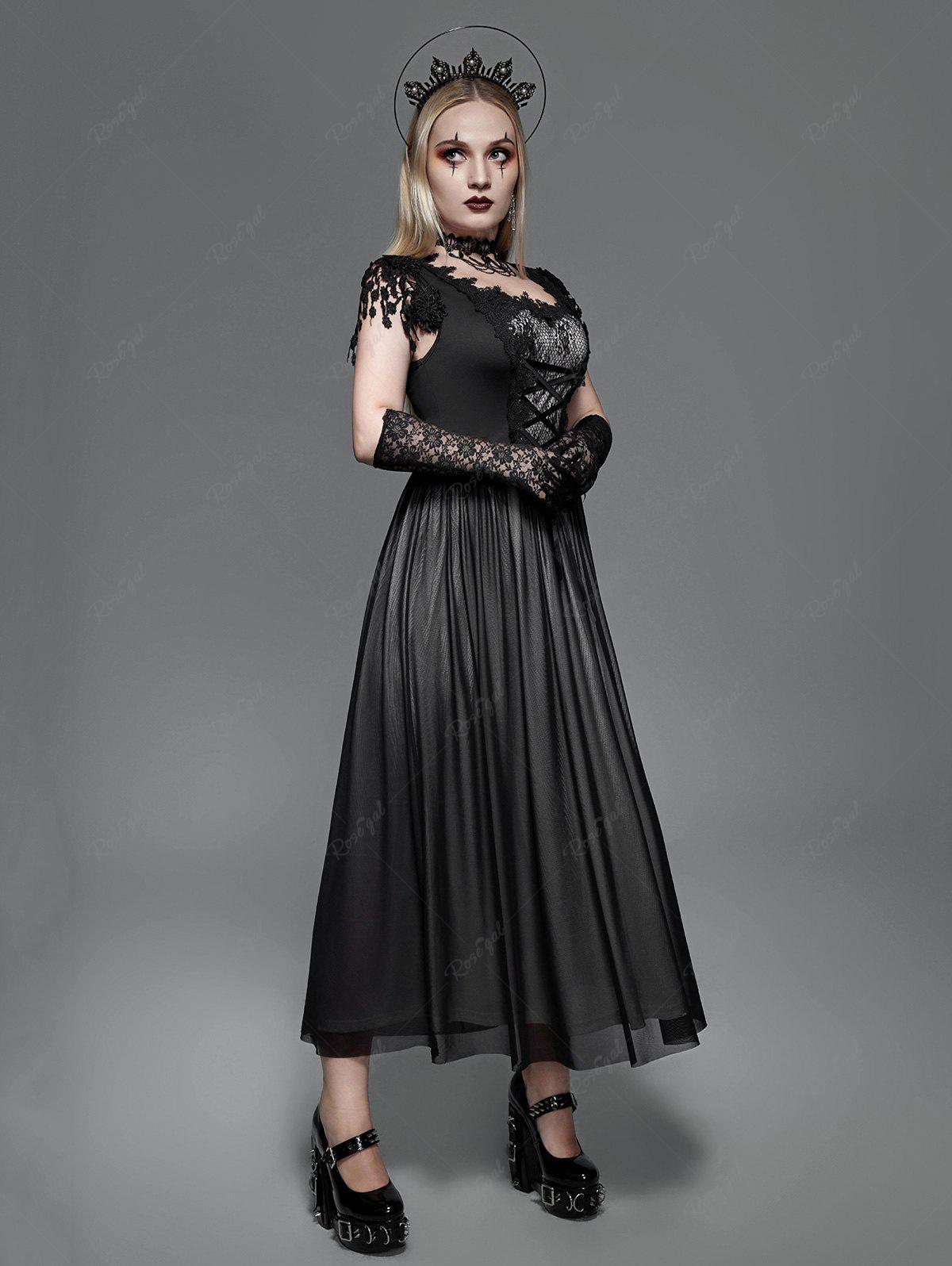 Gothic Guipure Lace Panel Mesh Tassels Lace-up Sleeveless Maxi Dress