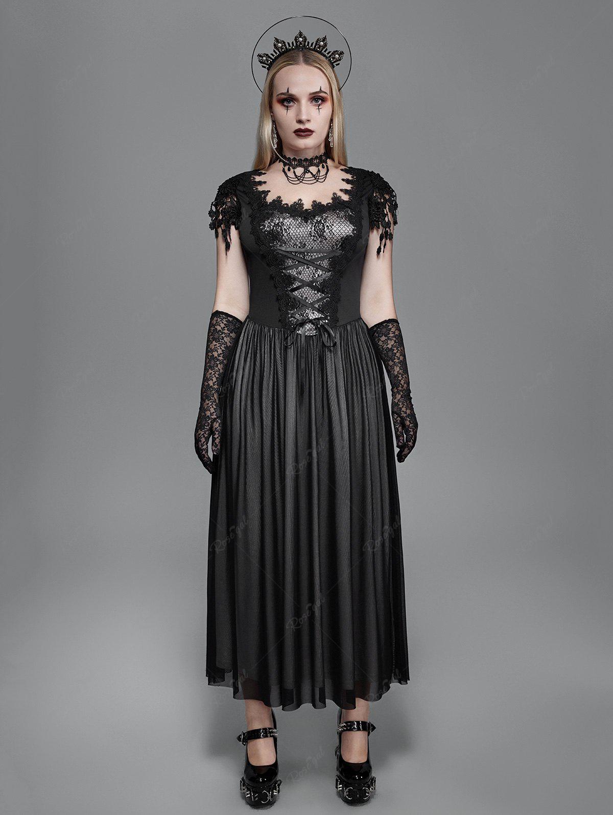 Gothic Guipure Lace Panel Mesh Tassels Lace-up Sleeveless Maxi Dress