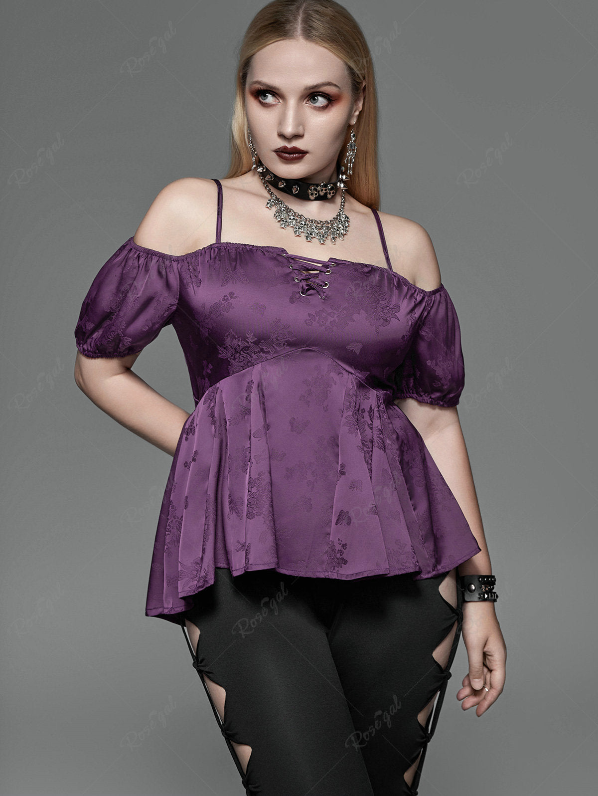 Gothic Plus Size Floral Butterfly Embroidery Lace Up Cold Shoulder Top