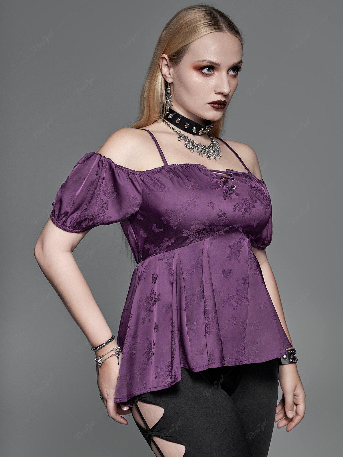 Gothic Plus Size Floral Butterfly Embroidery Lace Up Cold Shoulder Top