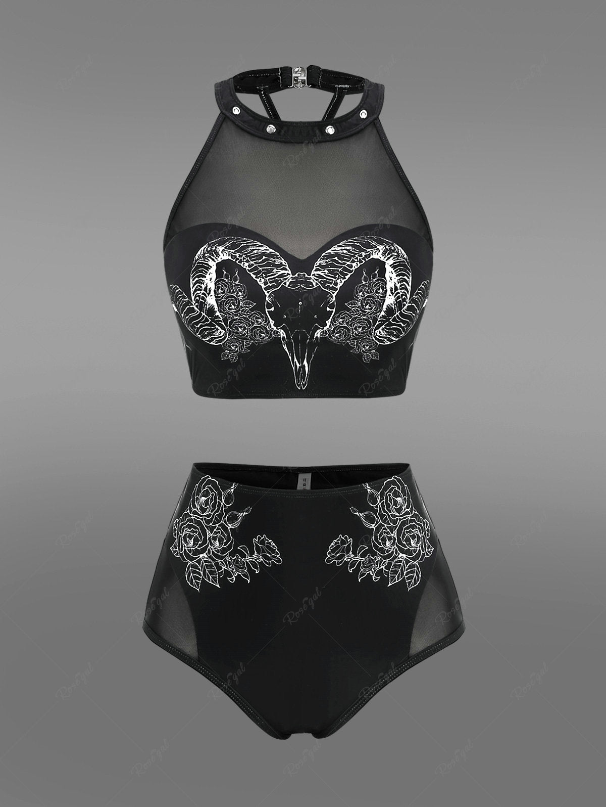💗Cherry Loves💗 Gothic Sheer Mesh Panel Rose Bull Head Print Grommets Bikini Swimsuit