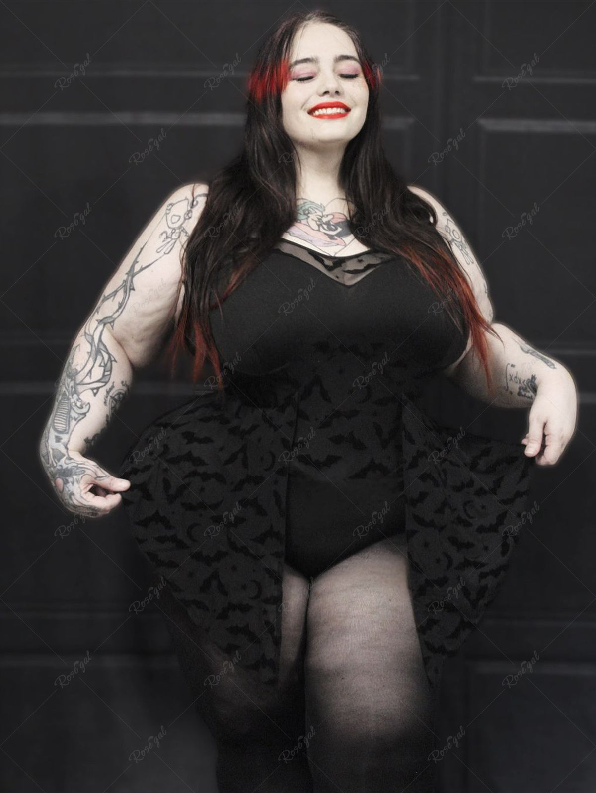 💗Lauren Loves💗Gothic Plus Size See Through Bat Jacquard Mesh Ruffle Teddy