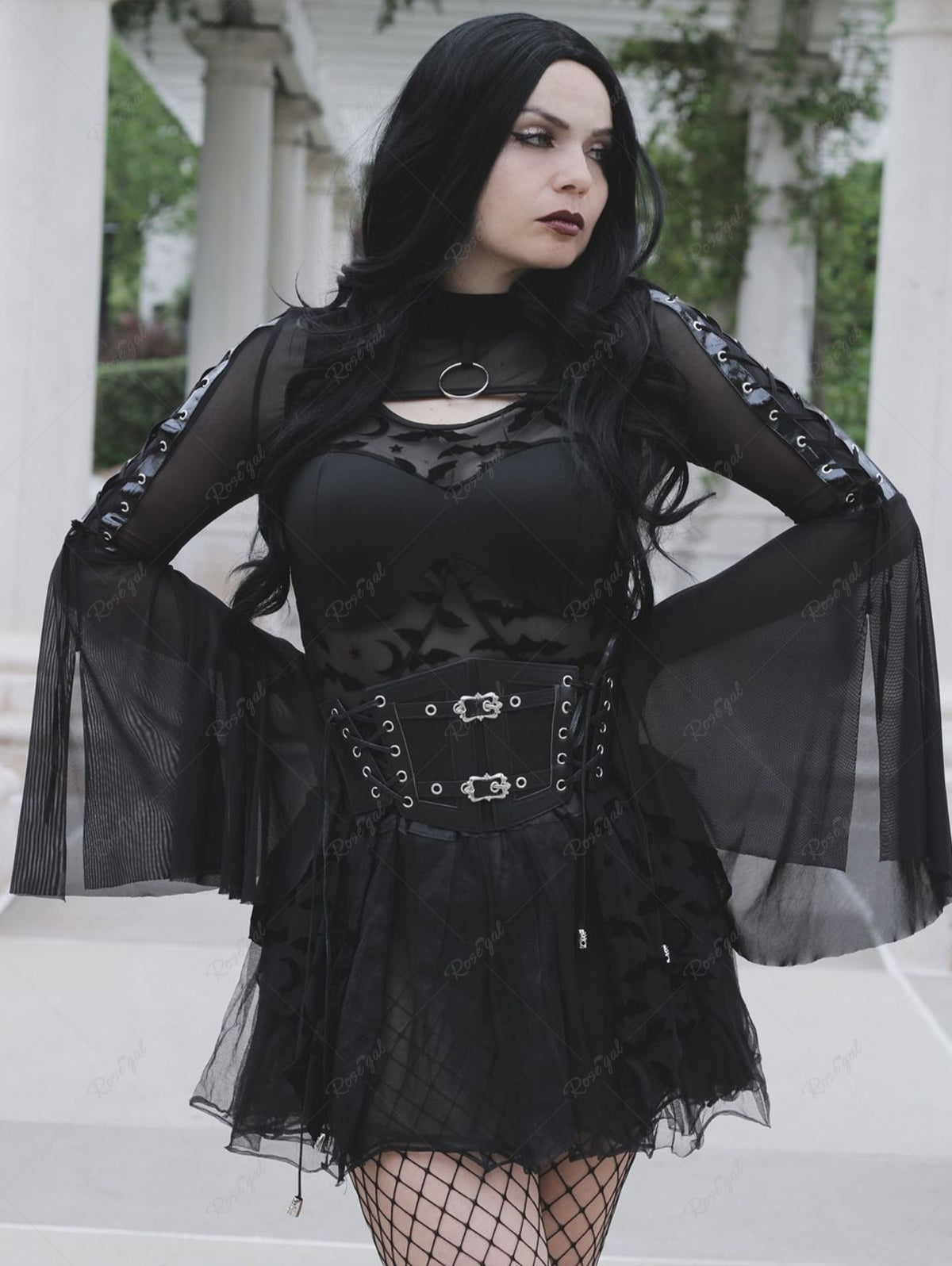 💗Lauren Loves💗Gothic Plus Size See Through Bat Jacquard Mesh Ruffle Teddy