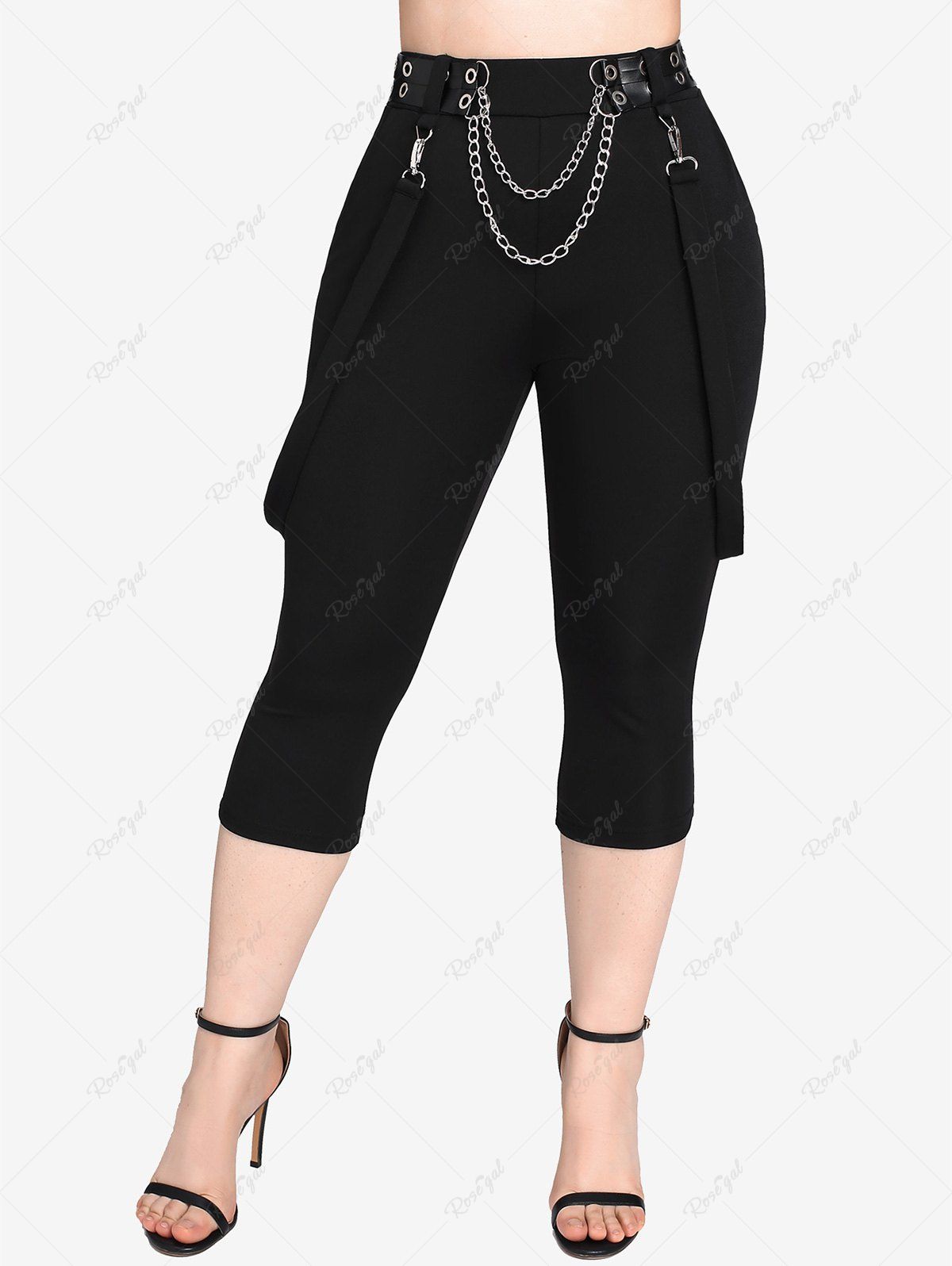 Gothic Plus Size Punk Grommet Chains Capri Suspender Pants