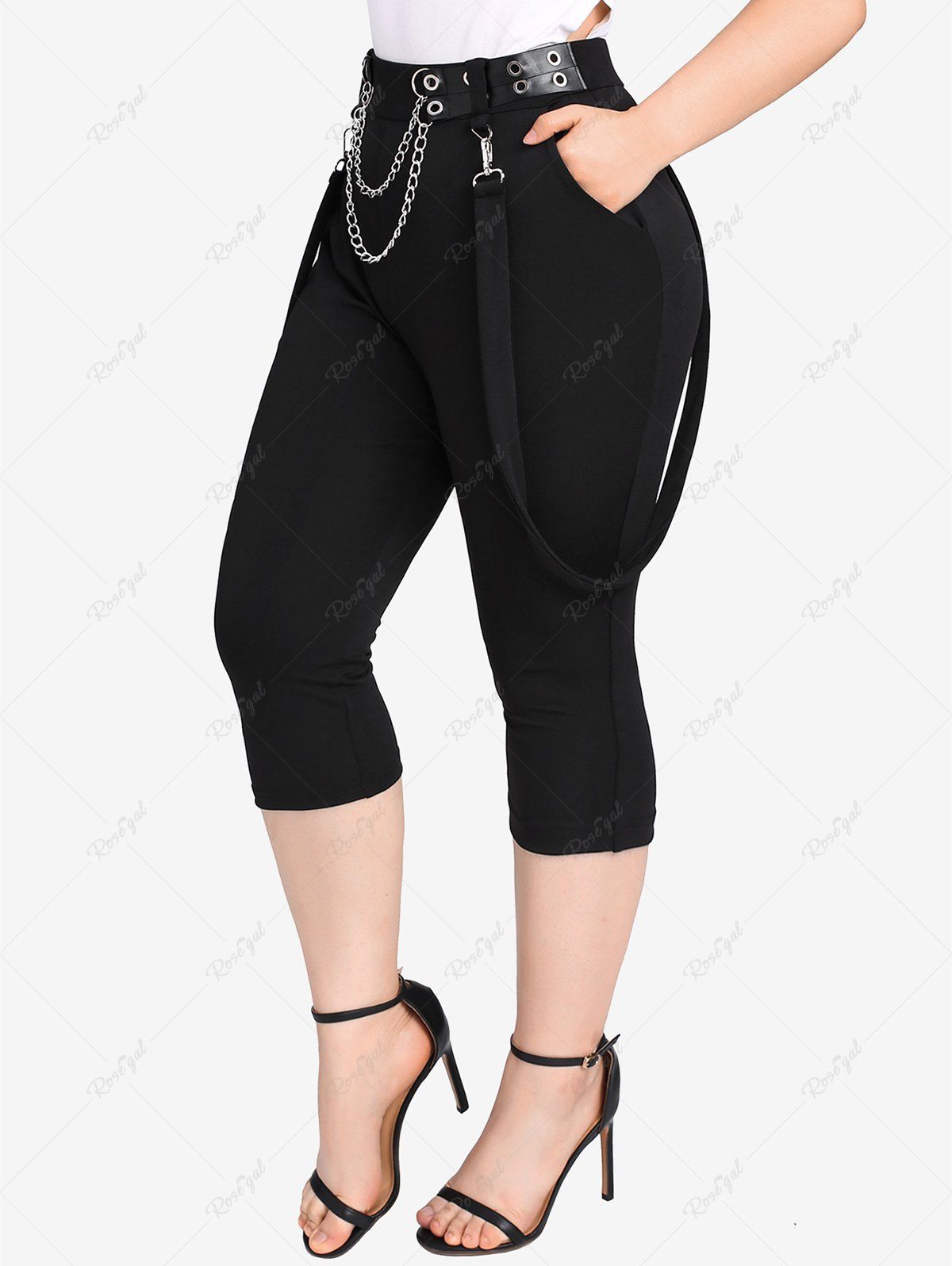 Gothic Plus Size Punk Grommet Chains Capri Suspender Pants