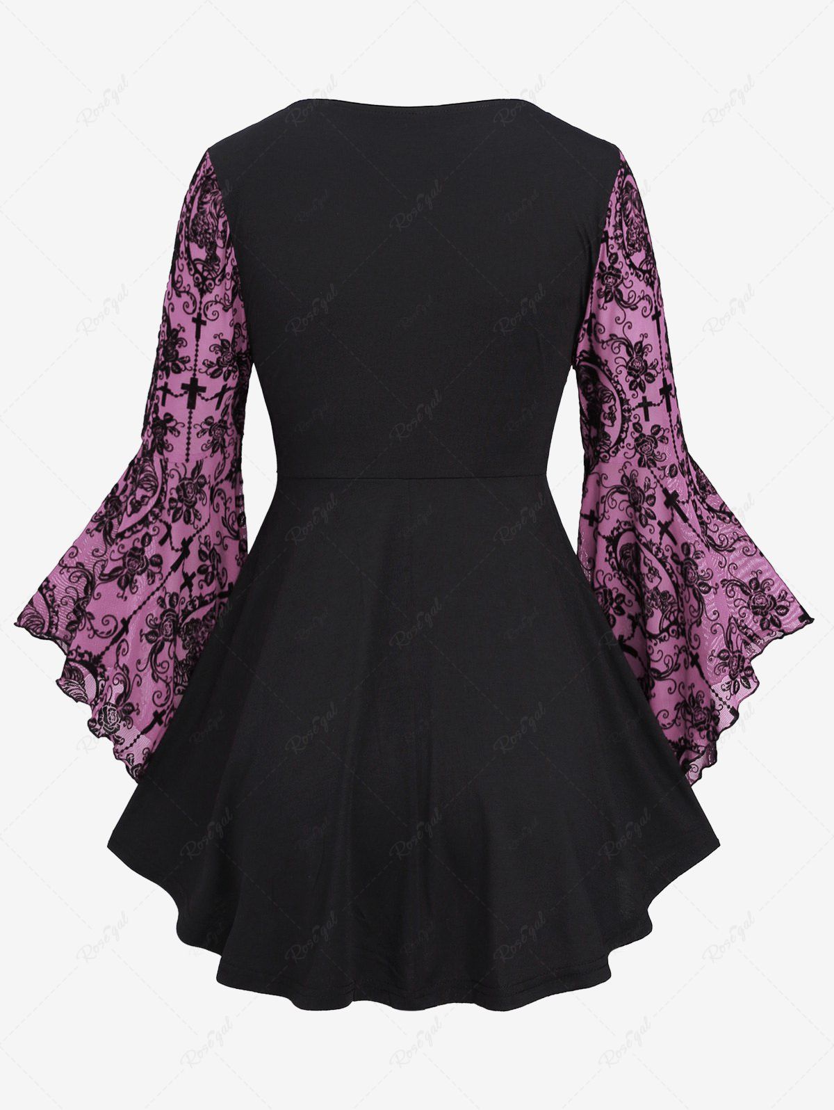 💗Lauren Loves💗Victorian Gothic Flocking Cross Flower Pattern Lace-up Plus  Size Bell Sleeve 2 In 1 Blouse Top