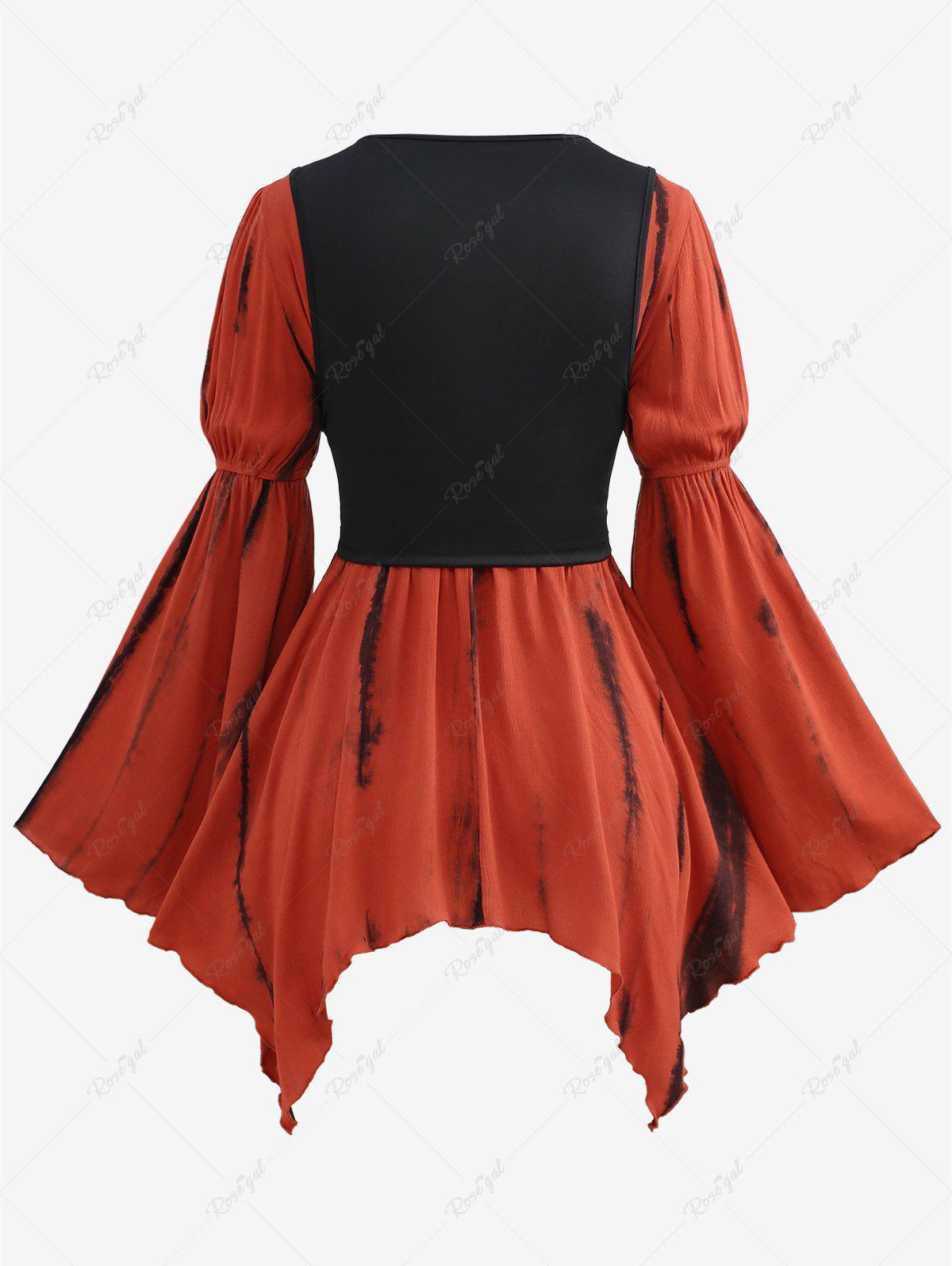 Gothic Lace Up Corset and Ruched Asymmetrical Bell Sleeves Blouse