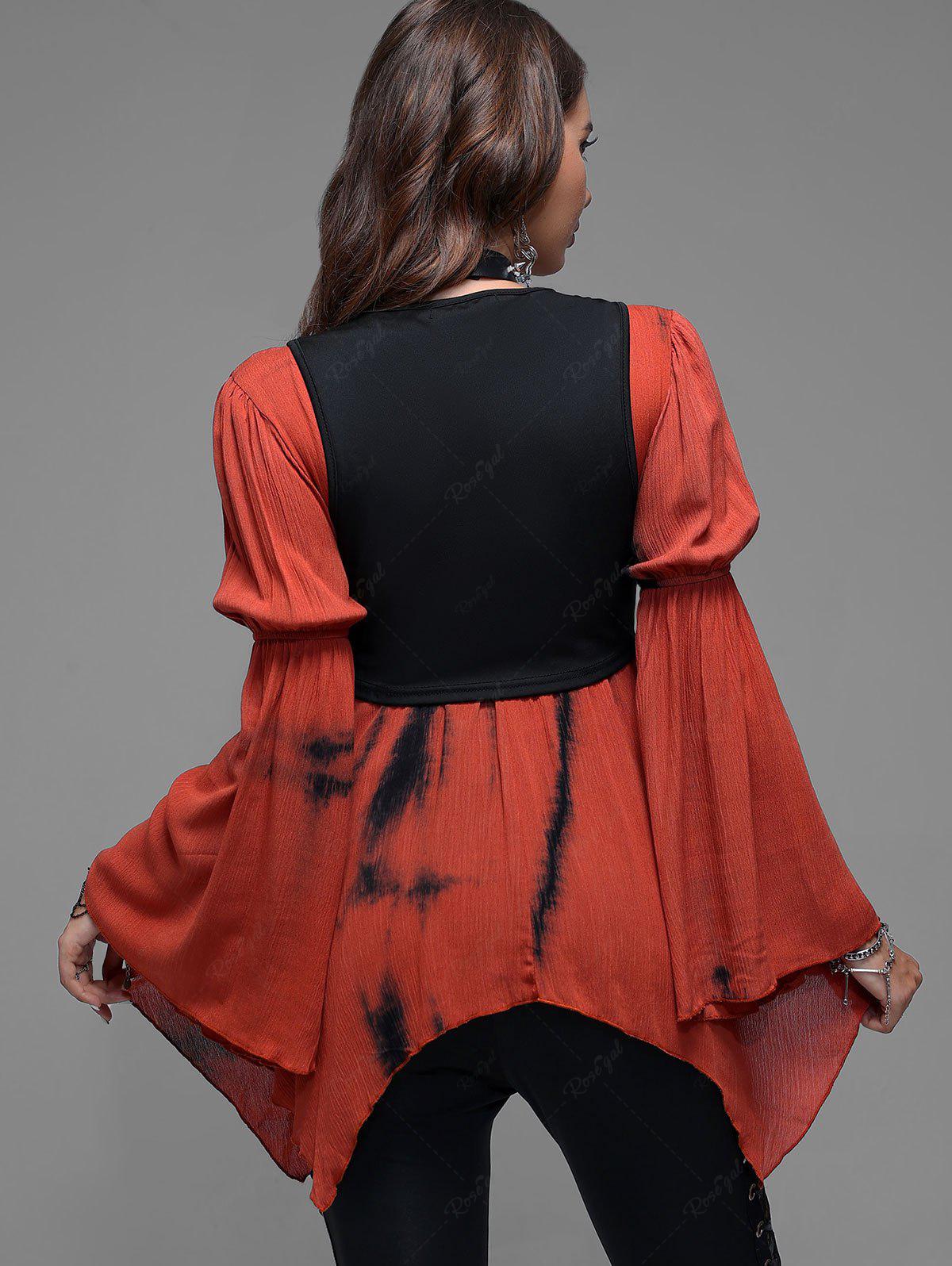 Gothic Lace Up Corset and Ruched Asymmetrical Bell Sleeves Blouse