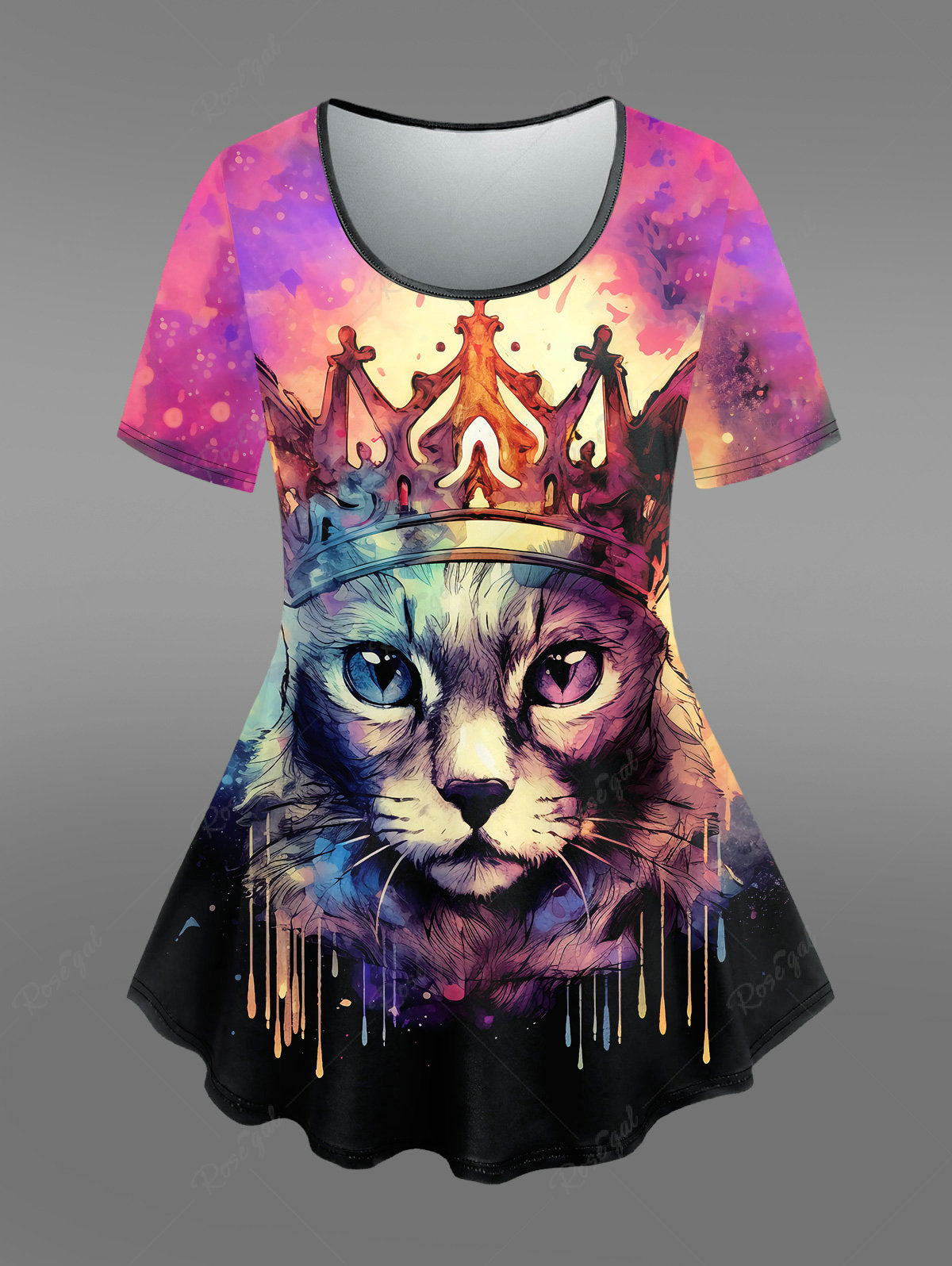 Gothic Plus Size Crown Cat Paint Splatter Print T-shirt