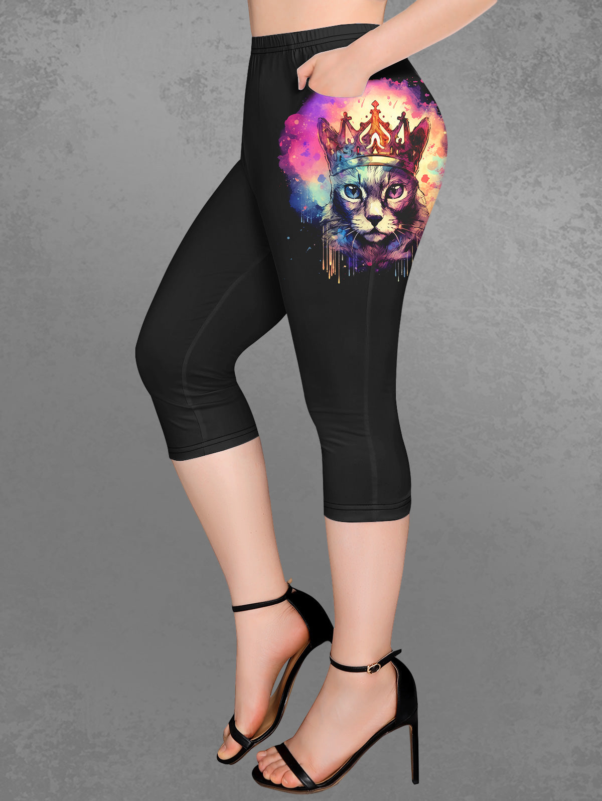 Gothic Crown Cat Paint Splatter Print Pockets Capri Leggings