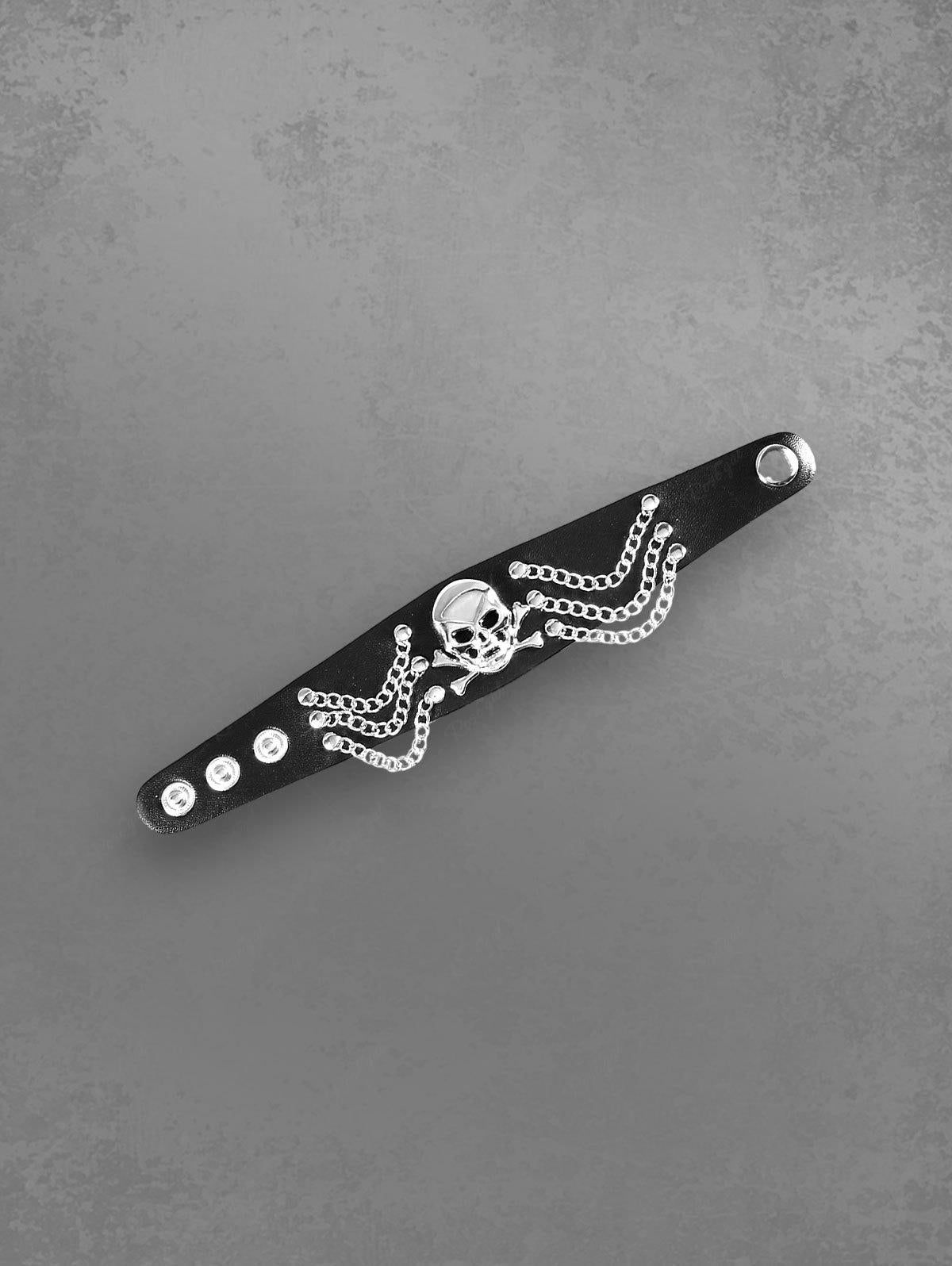 Black Skull Rivets Rings Handcuff Gothic Punk Chain Faux Leather Accessories