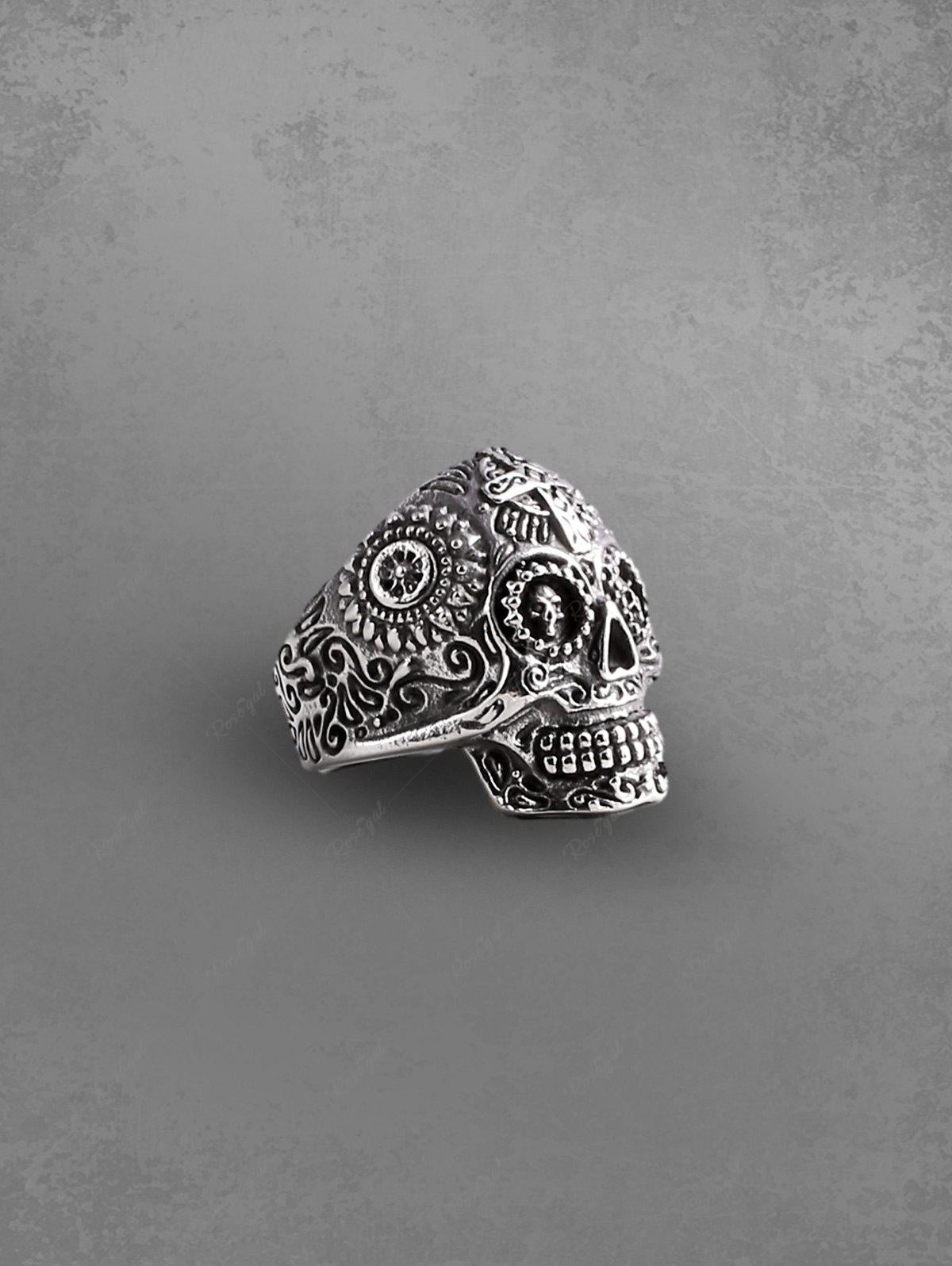 Gothic Vintage Skull Cross Floral Caved Ring