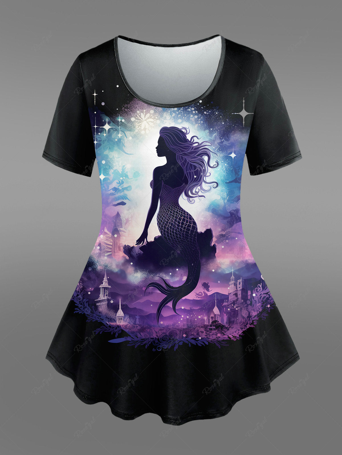 Gothic Plus Size Mermaid Sparkling Print Short Sleeves T-shirt