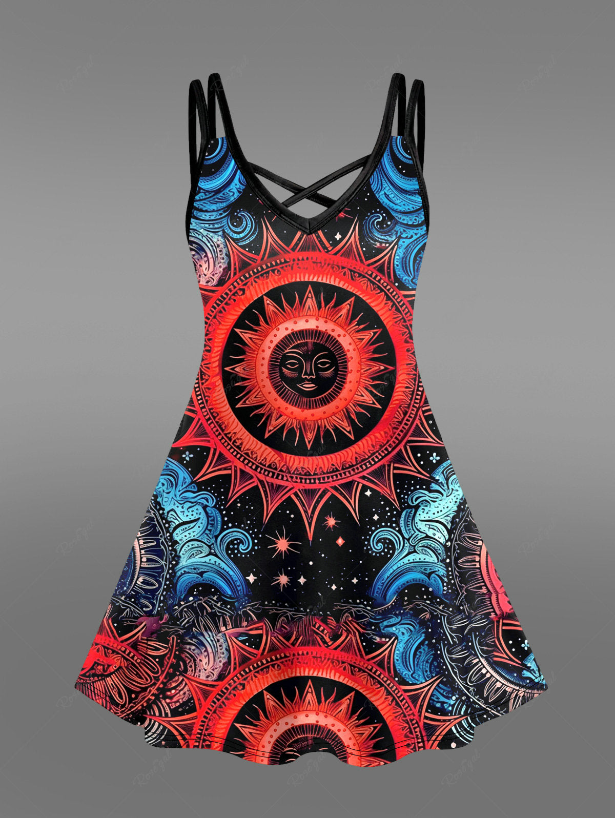 Gothic Plus Size Sun Star Face Print Crisscross Strappy Cami Dress