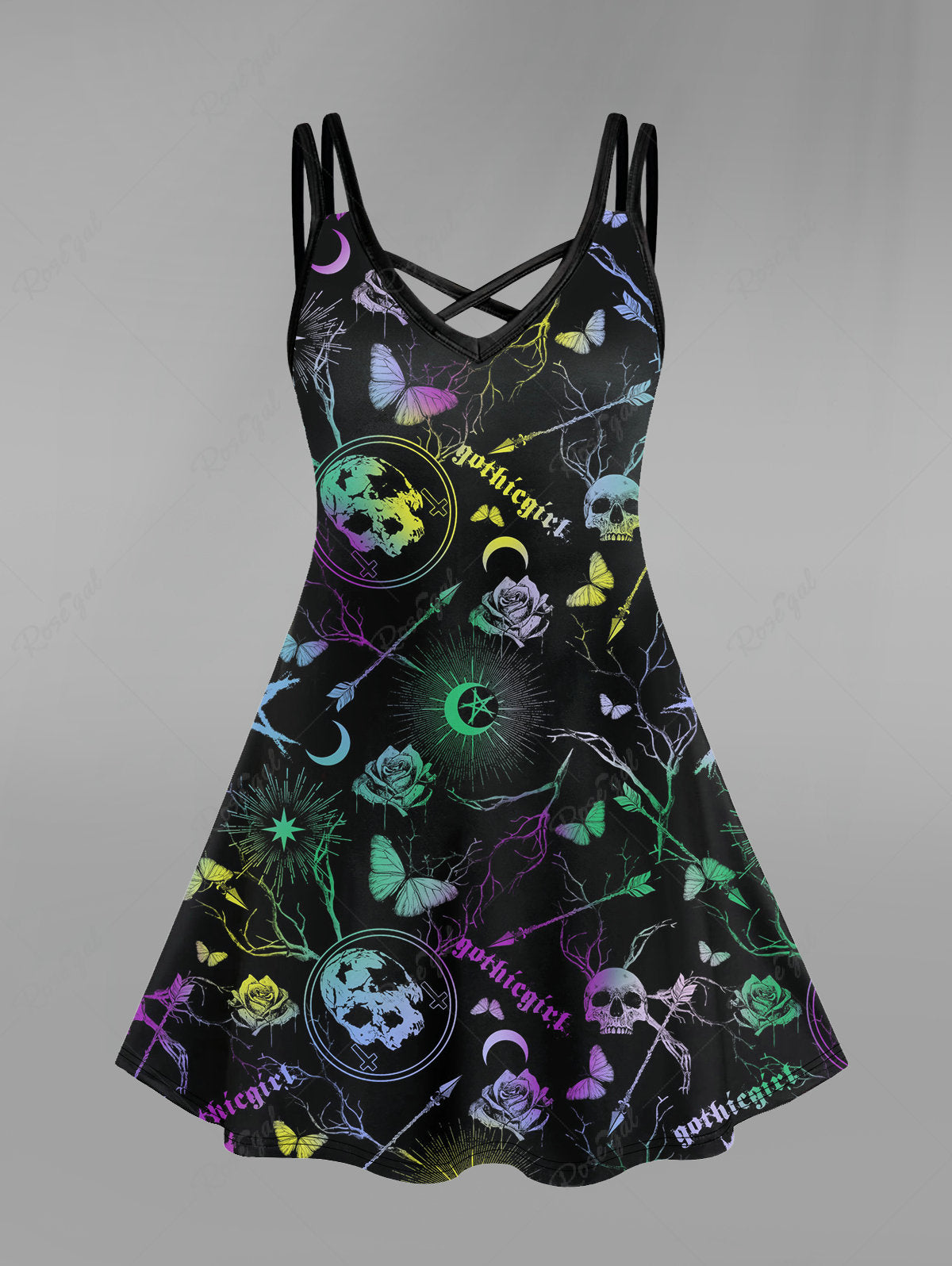 Gothic Galaxy Skull Butterfly Flower Print Crisscross Cami Dress