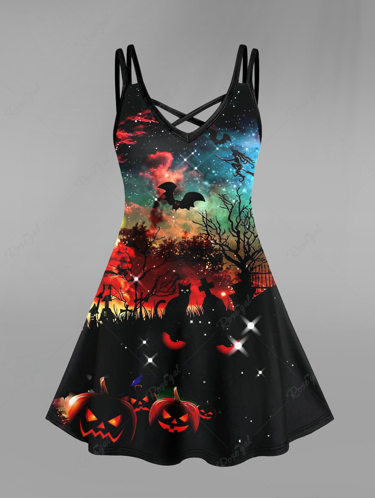 💗Lauren Loves💗Gothic Plus Size Pumpkin Cat Tree Bat Galaxy Print Crisscross Cami Dress