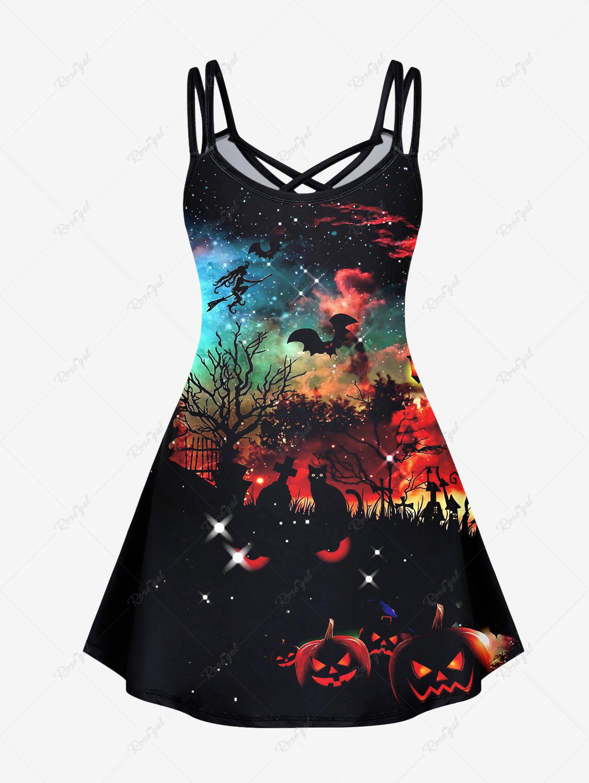 💗Lauren Loves💗Gothic Plus Size Pumpkin Cat Tree Bat Galaxy Print Crisscross Cami Dress