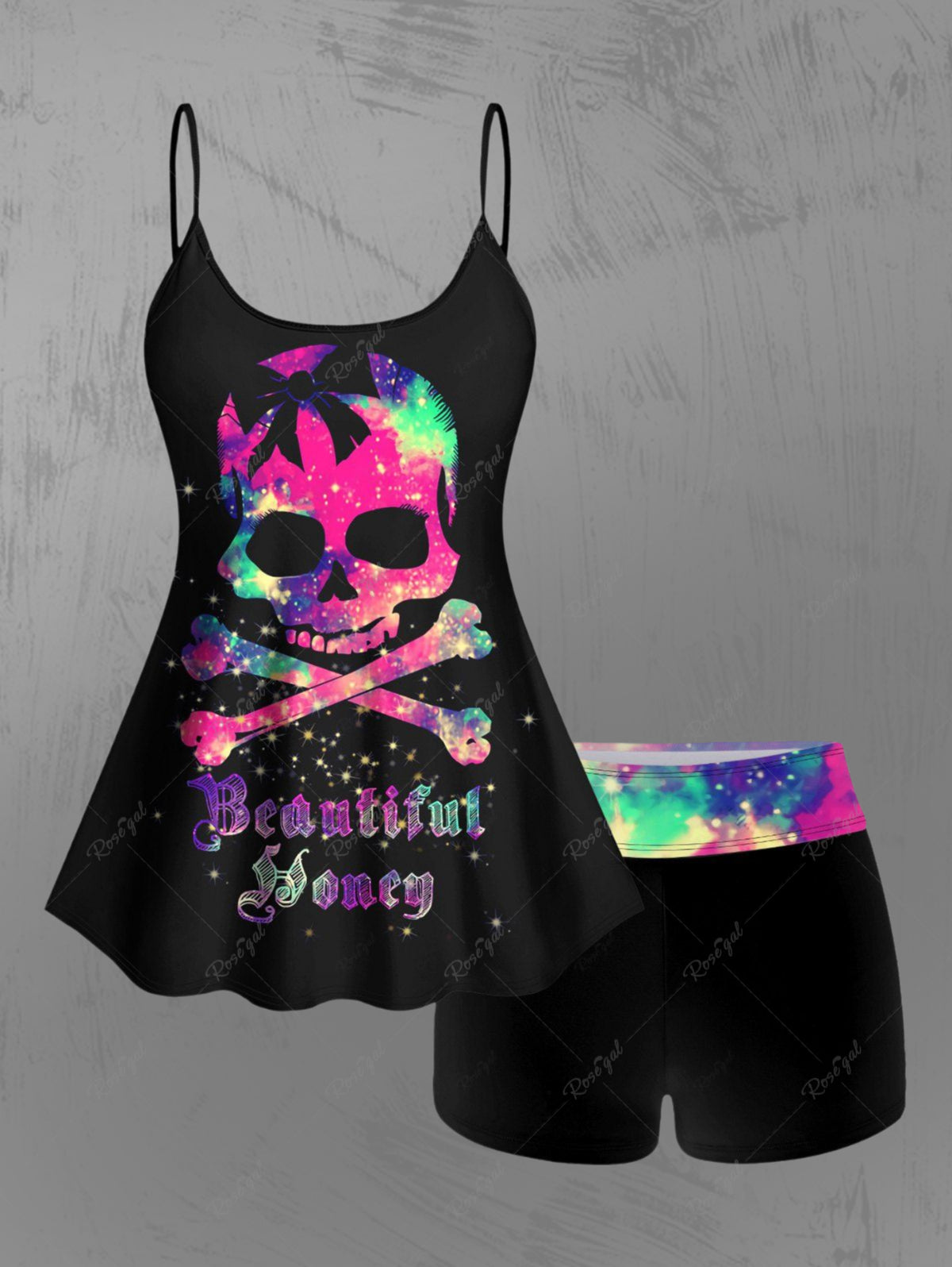 Gothic Skull Glitter Print Boyshorts Tankini Swimsuit (Adjustable Shoulder Strap)