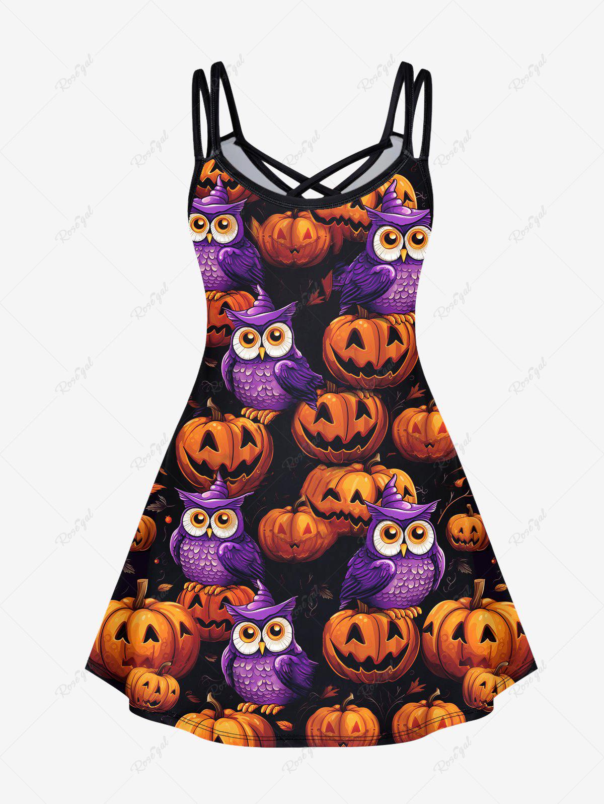 Gothic Plus Size Halloween Pumpkin Owl Print Crisscross Cami Dress