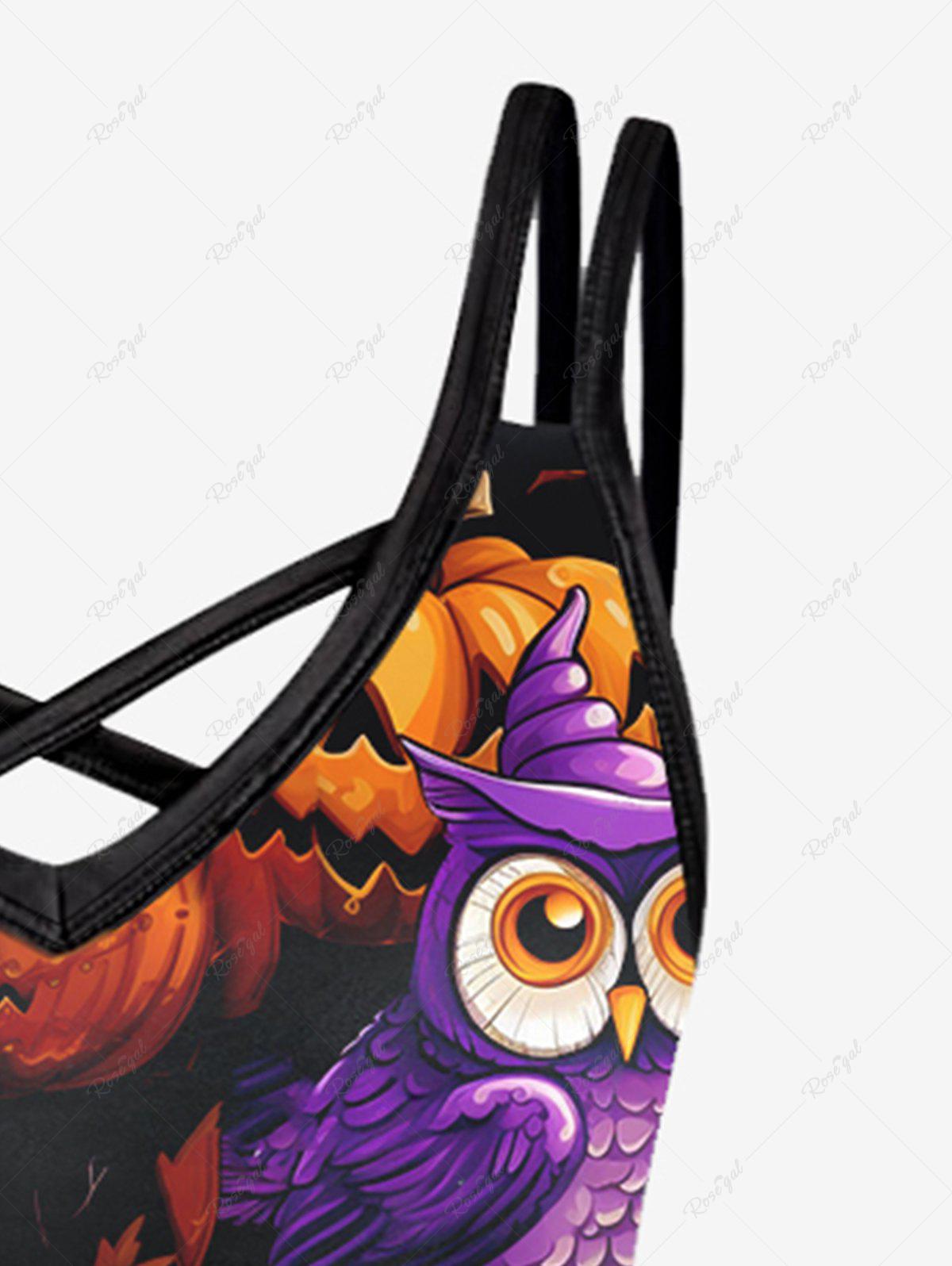 Gothic Plus Size Halloween Pumpkin Owl Print Crisscross Cami Dress