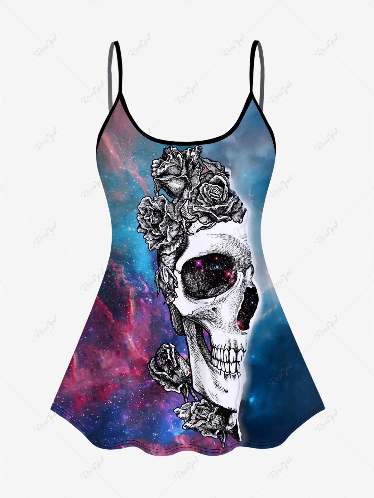 Gothic Plus Size Galaxy Flower Skull Print Boyshorts Tankini Swimsuit