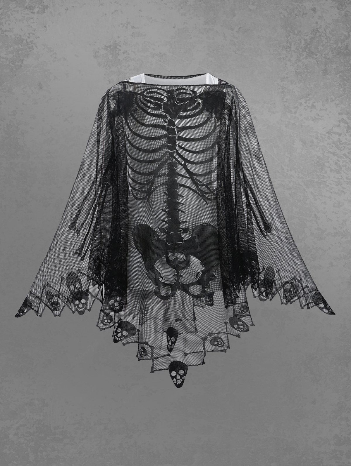 Halloween Costume Gothic Skull Skeleton Mesh Crochet Asymmetric Poncho Cloak Cape