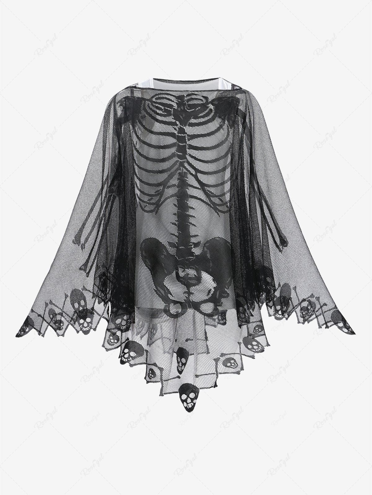 Halloween Costume Gothic Skull Skeleton Mesh Crochet Asymmetric Poncho Cloak Cape