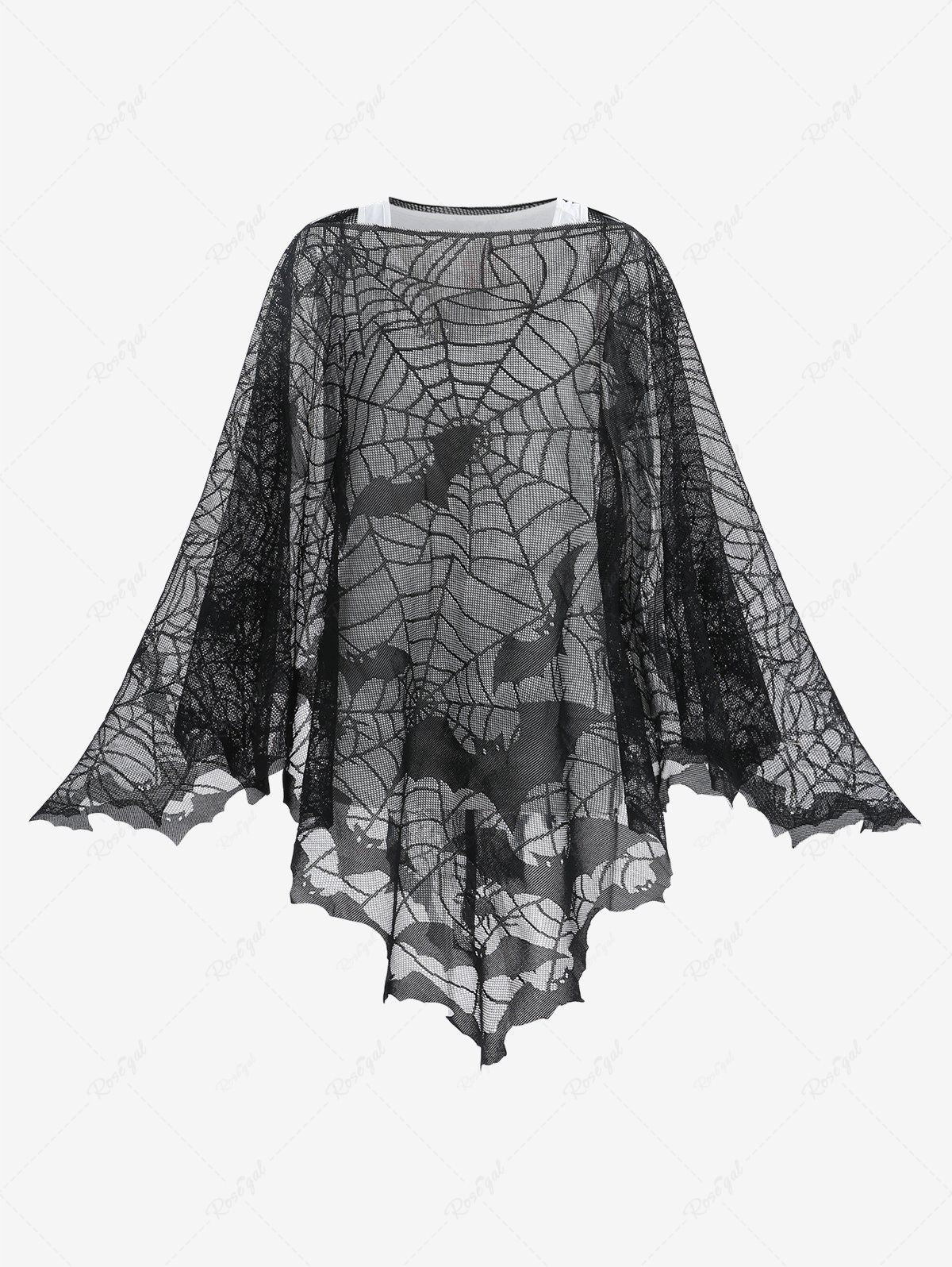 Halloween Costume Gothic Bat Spider Web Graphic Mesh Asymmetric Poncho Cloak Cape